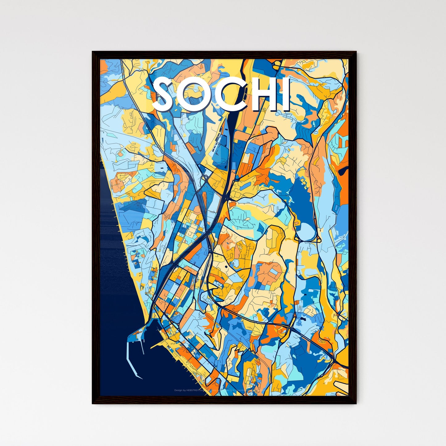 SOCHI RUSSIA Vibrant Colorful Art Map Poster Blue Orange