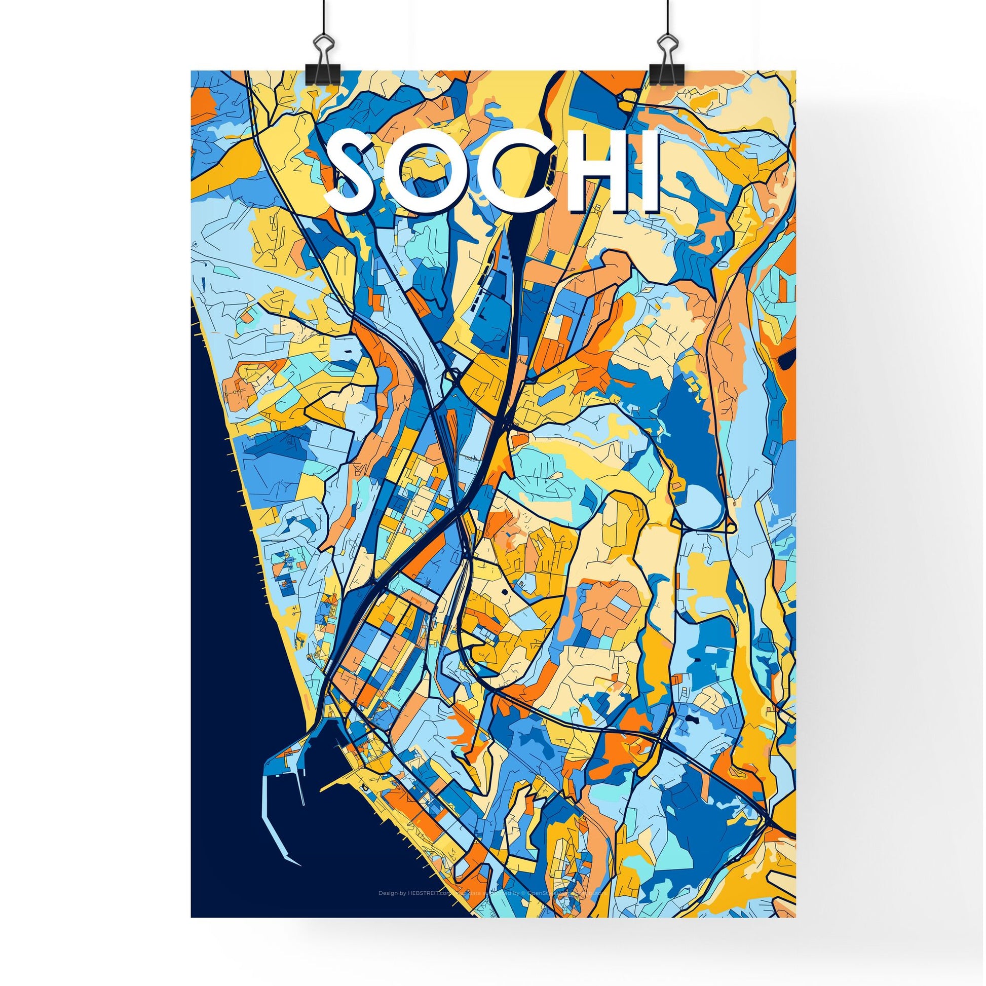 SOCHI RUSSIA Vibrant Colorful Art Map Poster Blue Orange