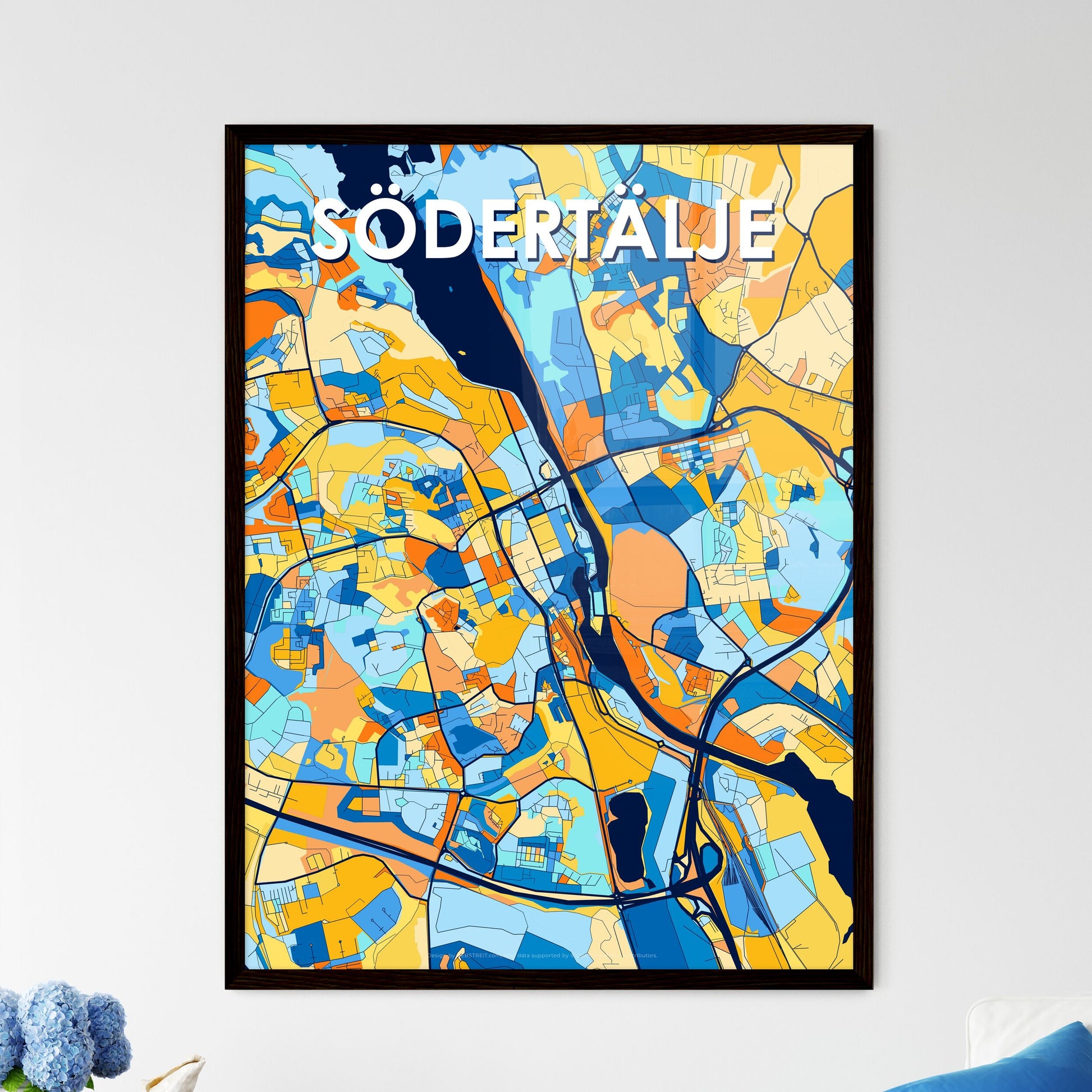 SÖDERTÄLJE SWEDEN Vibrant Colorful Art Map Poster Blue Orange