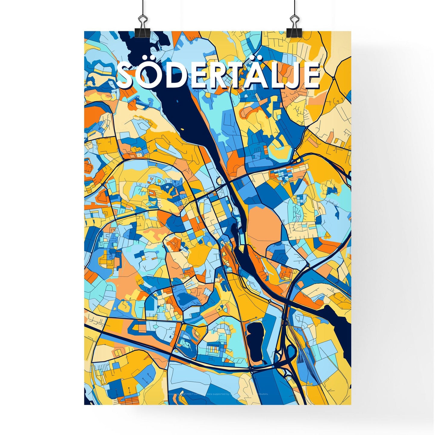 SÖDERTÄLJE SWEDEN Vibrant Colorful Art Map Poster Blue Orange