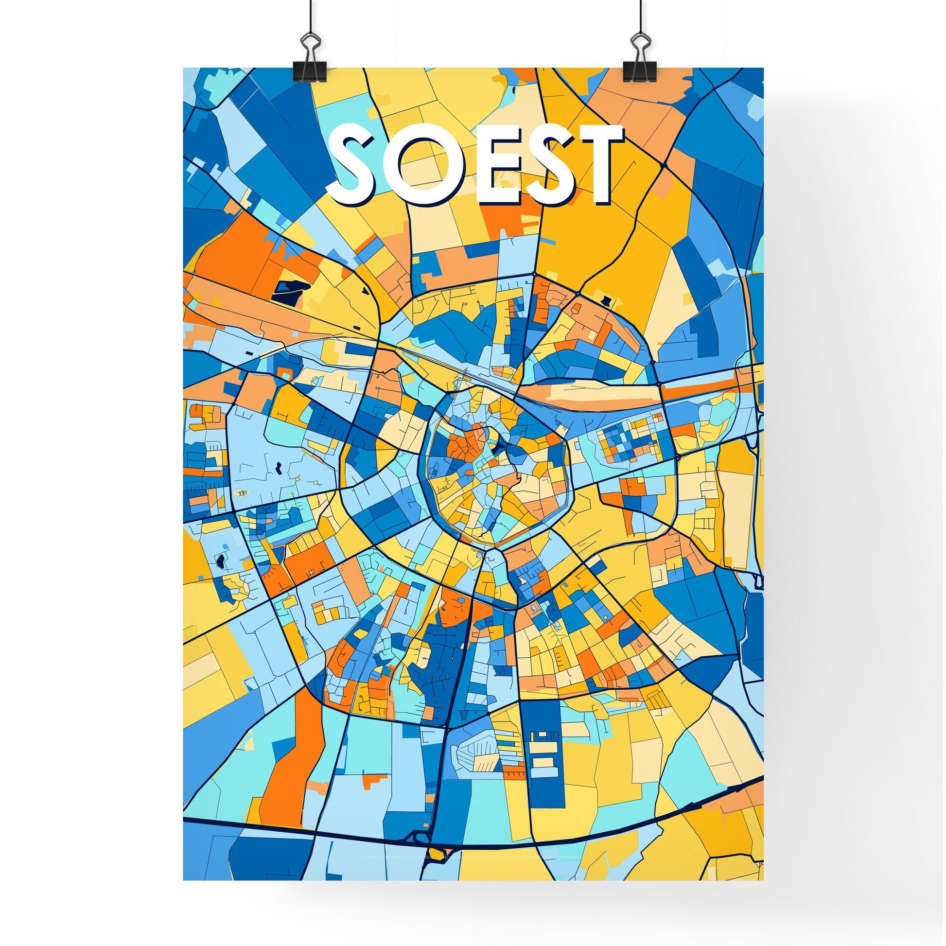 SOEST GERMANY Vibrant Colorful Art Map Poster Blue Orange