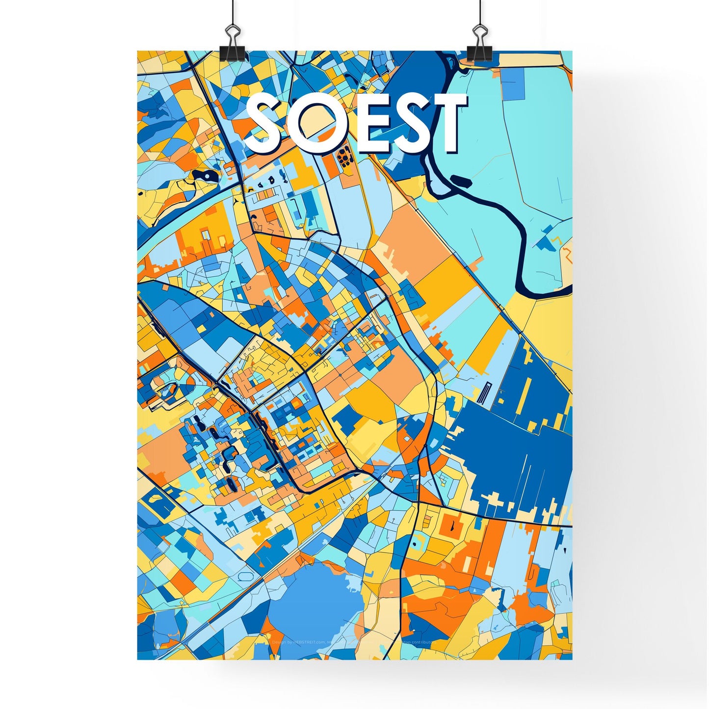 SOEST NETHERLANDS Vibrant Colorful Art Map Poster Blue Orange