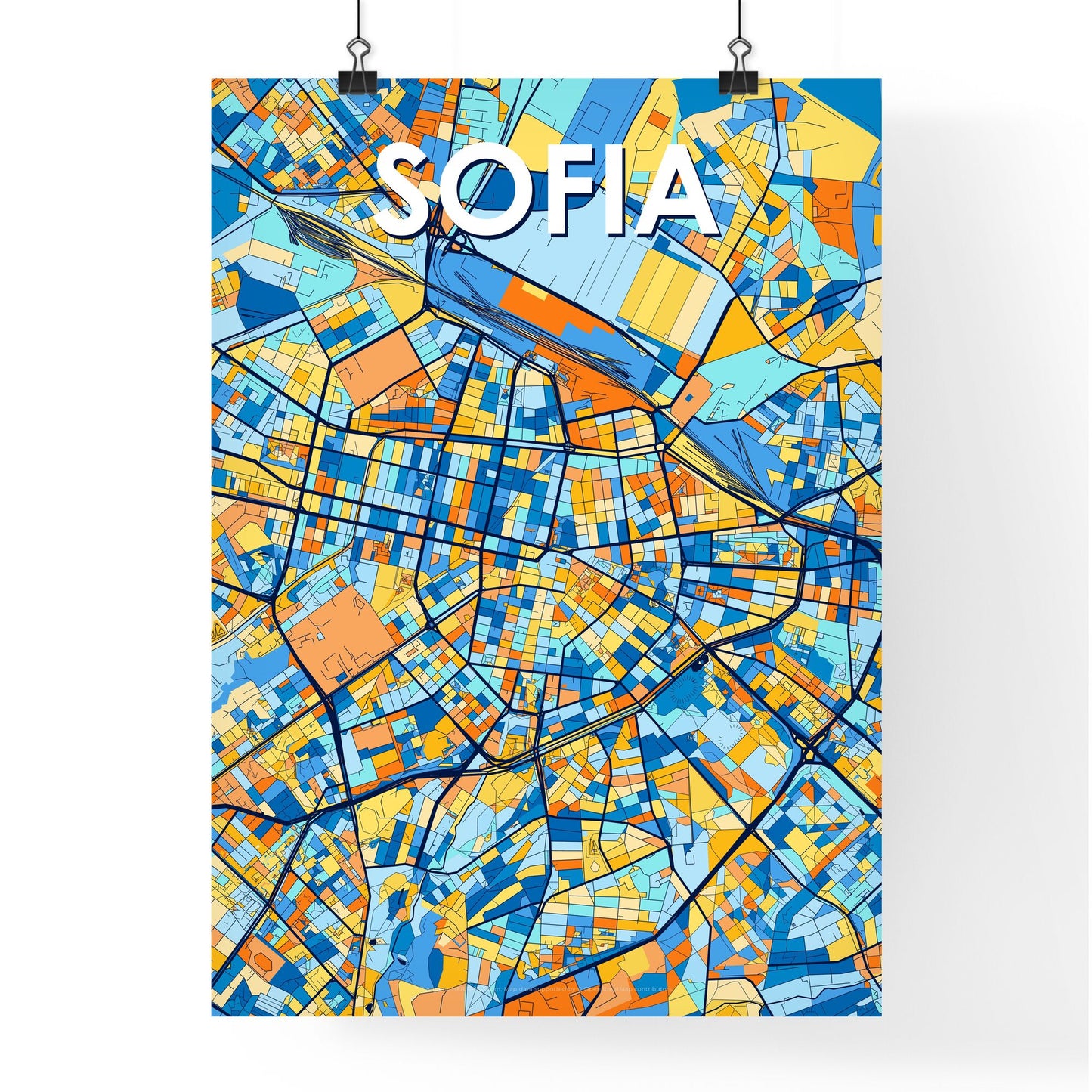 SOFIA BULGARIA Vibrant Colorful Art Map Poster Blue Orange