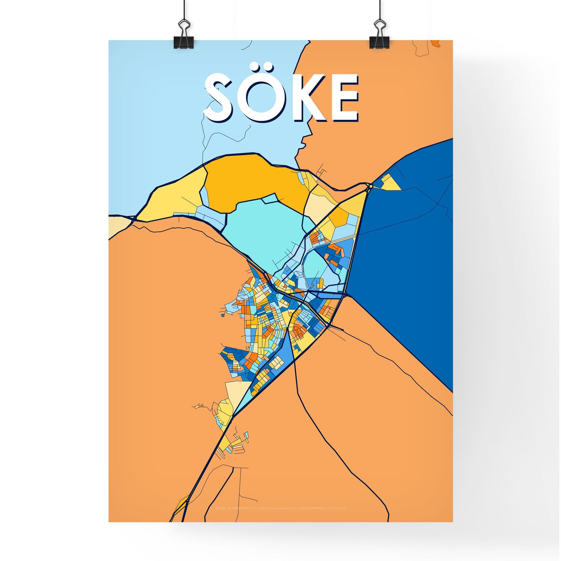 SÖKE TURKEY Vibrant Colorful Art Map Poster Blue Orange