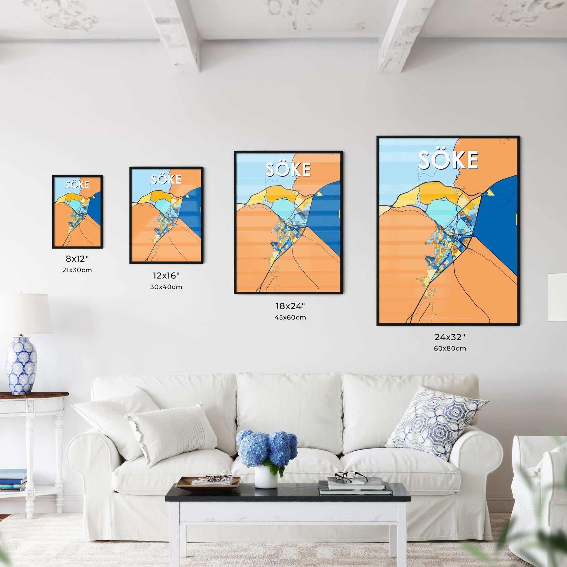 SÖKE TURKEY Vibrant Colorful Art Map Poster Blue Orange