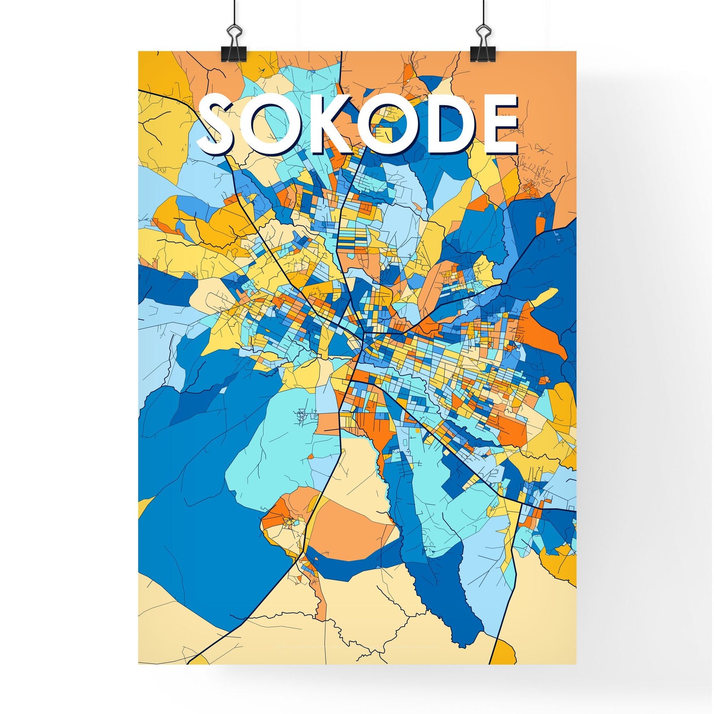 SOKODE TOGO Vibrant Colorful Art Map Poster Blue Orange