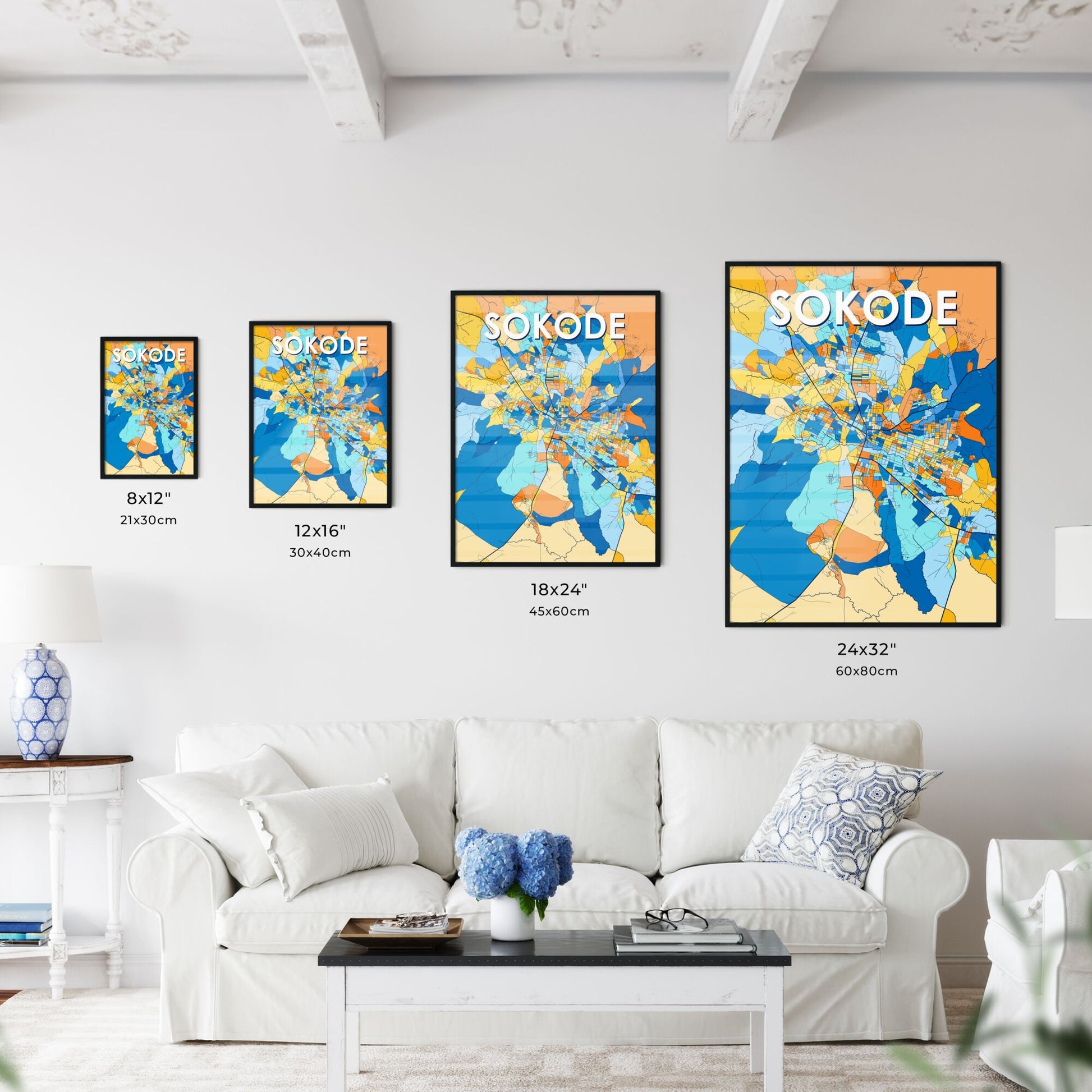 SOKODE TOGO Vibrant Colorful Art Map Poster Blue Orange