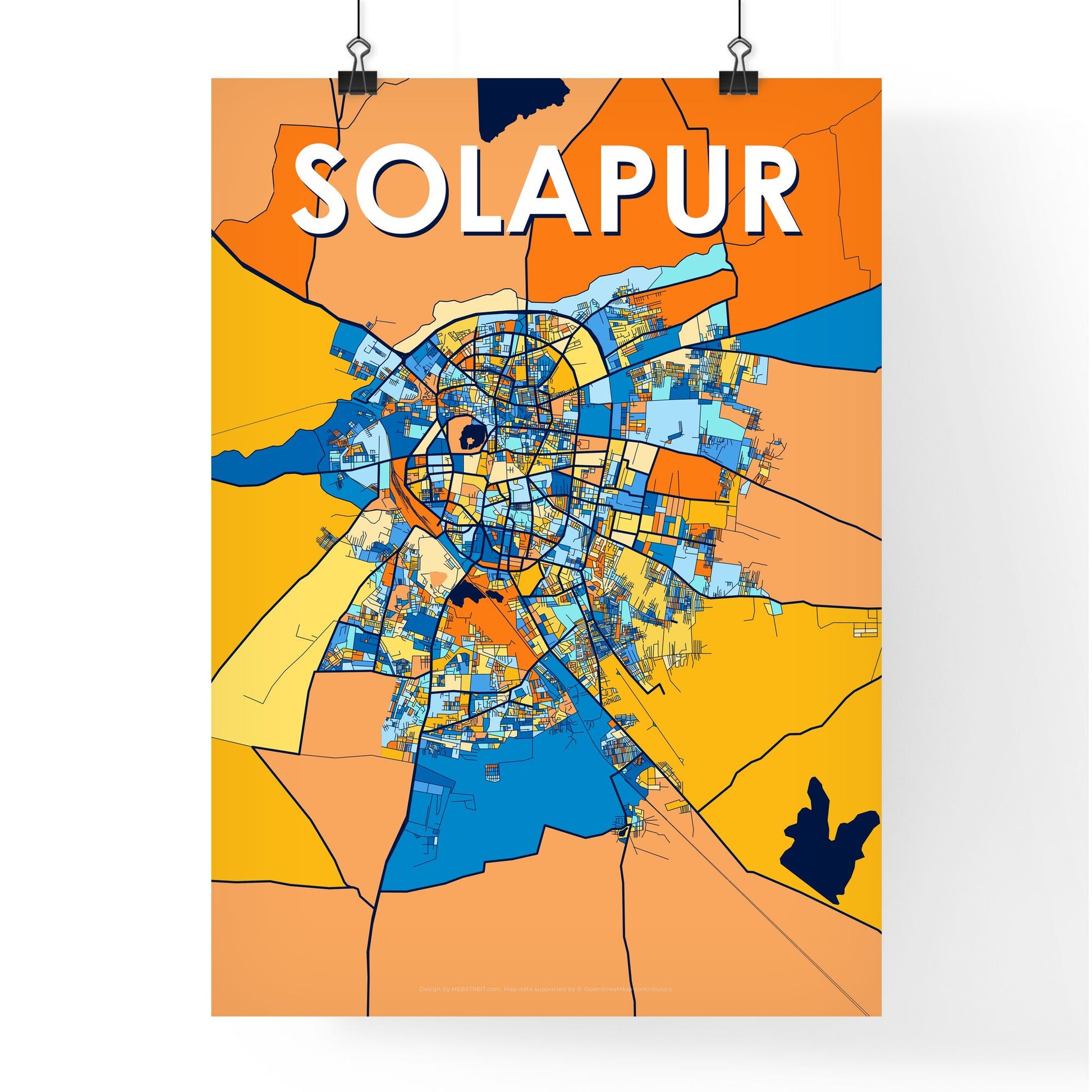 SOLAPUR INDIA Vibrant Colorful Art Map Poster Blue Orange