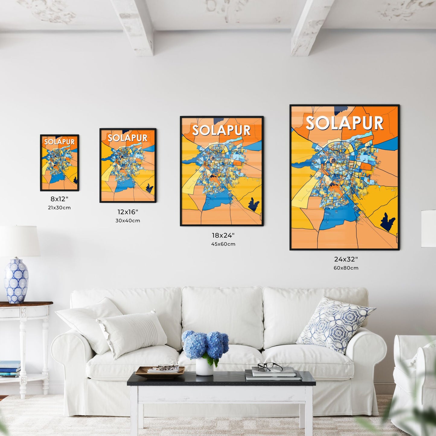 SOLAPUR INDIA Vibrant Colorful Art Map Poster Blue Orange