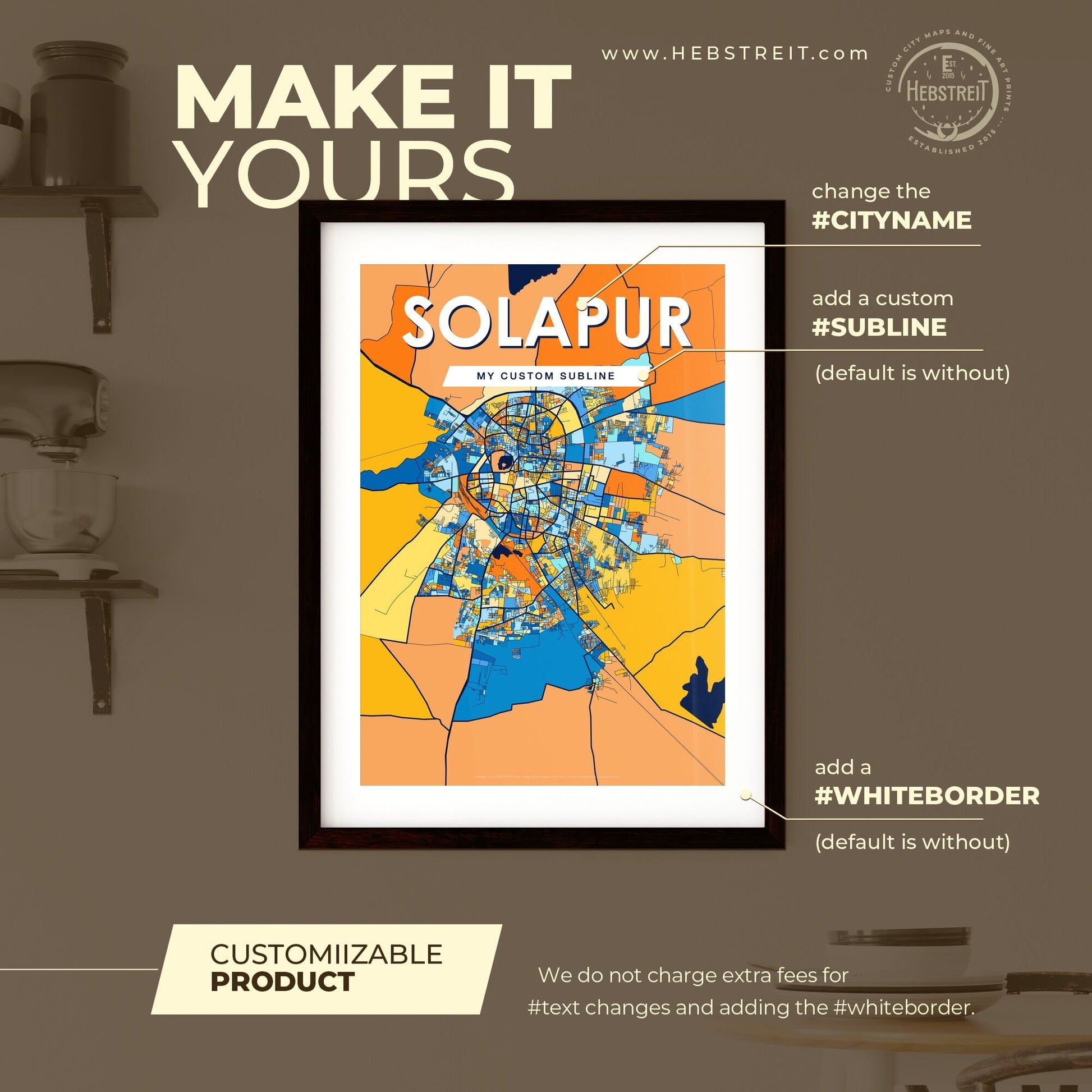 SOLAPUR INDIA Vibrant Colorful Art Map Poster Blue Orange