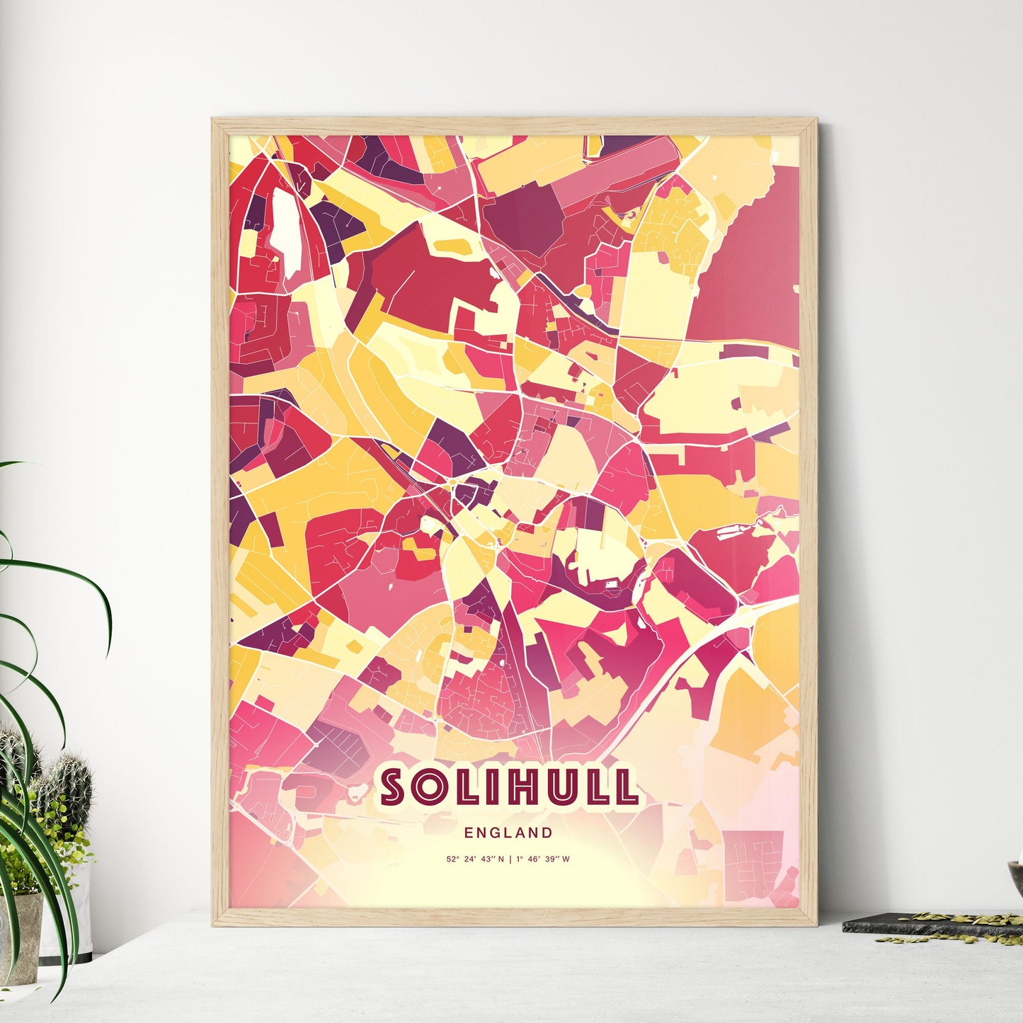 Colorful Solihull England Fine Art Map Hot Red