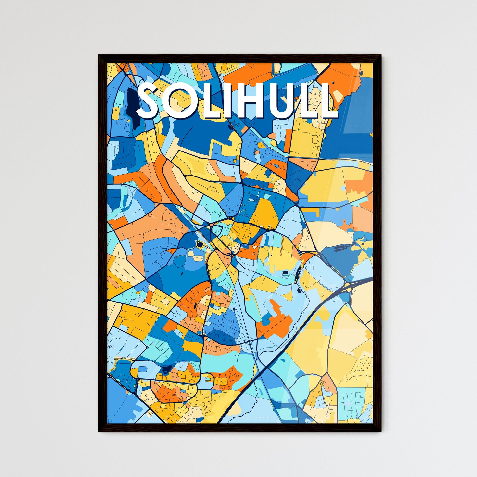 SOLIHULL ENGLAND Vibrant Colorful Art Map Poster Blue Orange