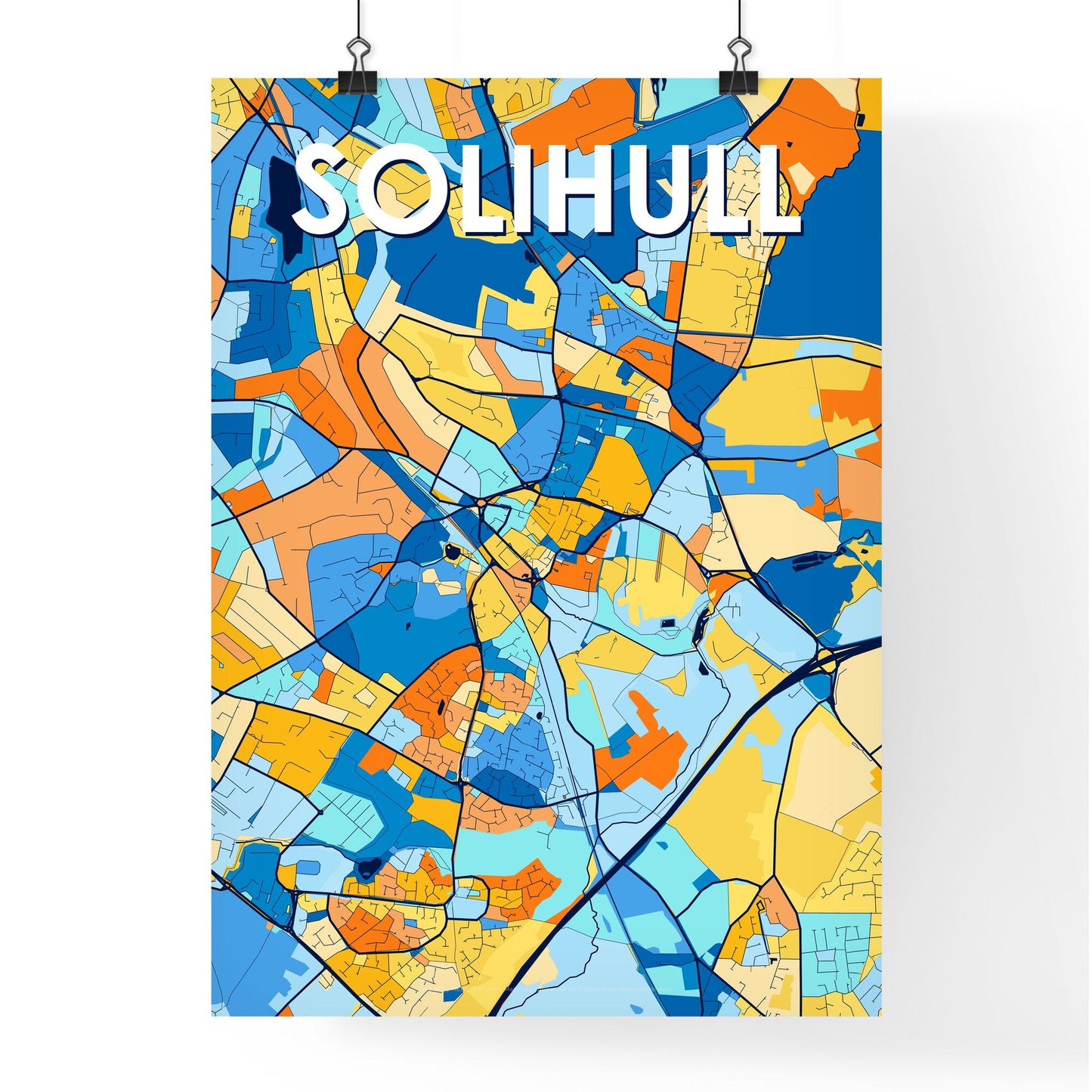 SOLIHULL ENGLAND Vibrant Colorful Art Map Poster Blue Orange