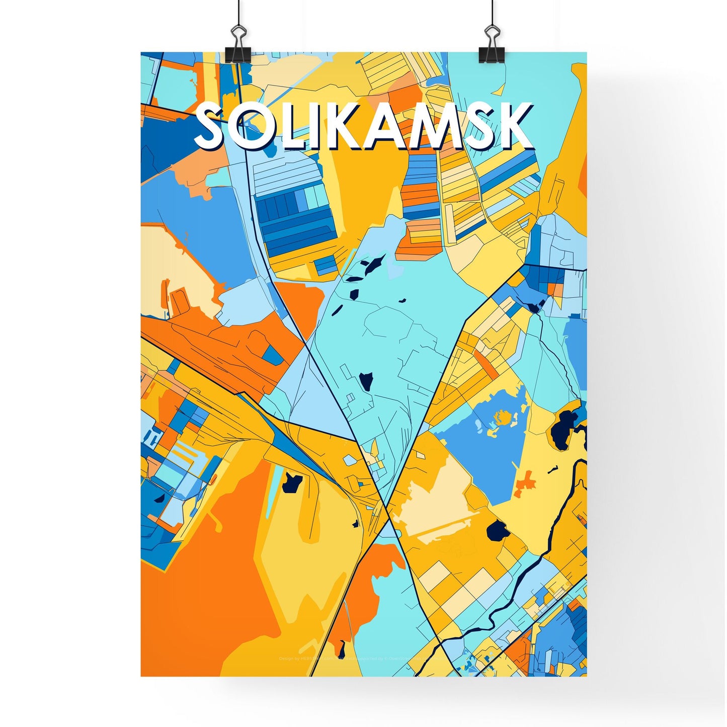 SOLIKAMSK RUSSIA Vibrant Colorful Art Map Poster Blue Orange