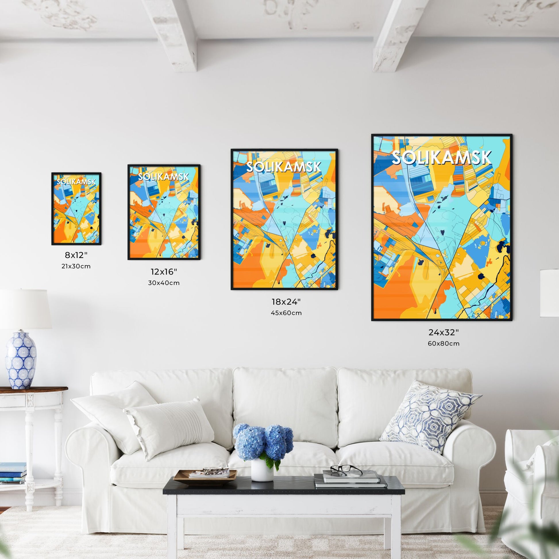 SOLIKAMSK RUSSIA Vibrant Colorful Art Map Poster Blue Orange