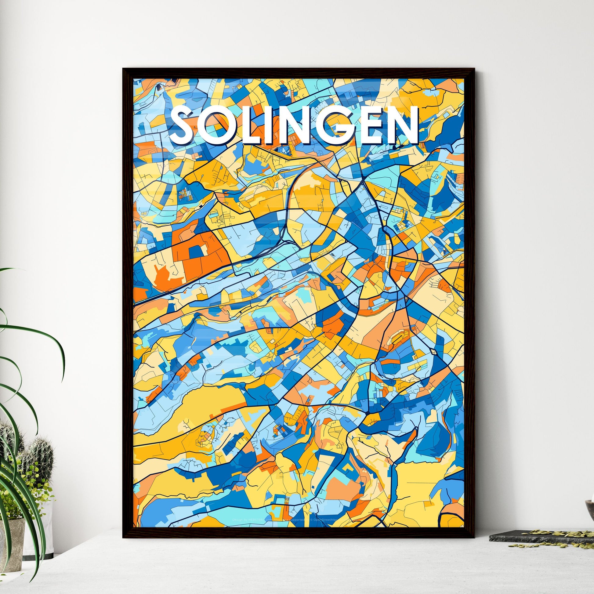 SOLINGEN GERMANY Vibrant Colorful Art Map Poster Blue Orange