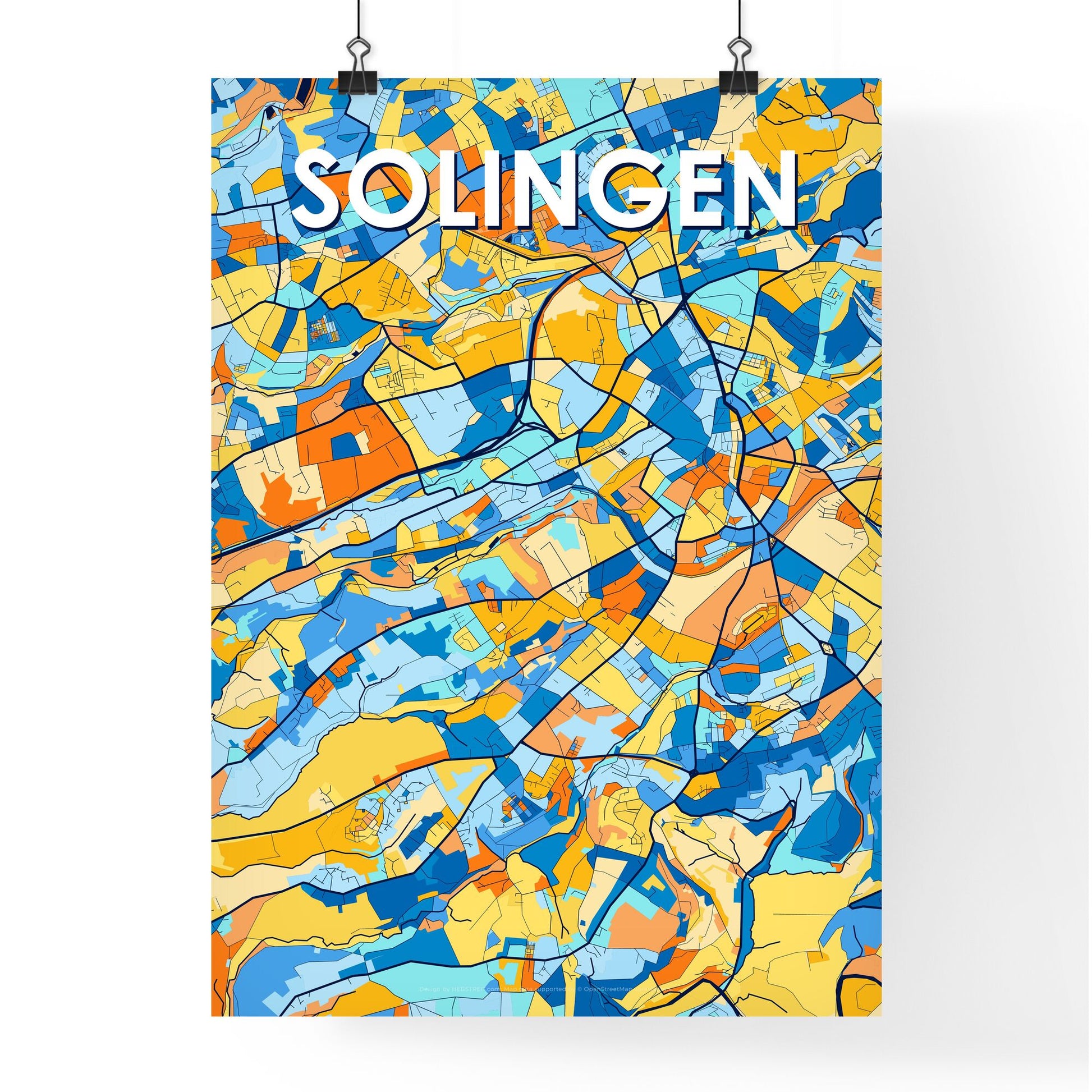 SOLINGEN GERMANY Vibrant Colorful Art Map Poster Blue Orange