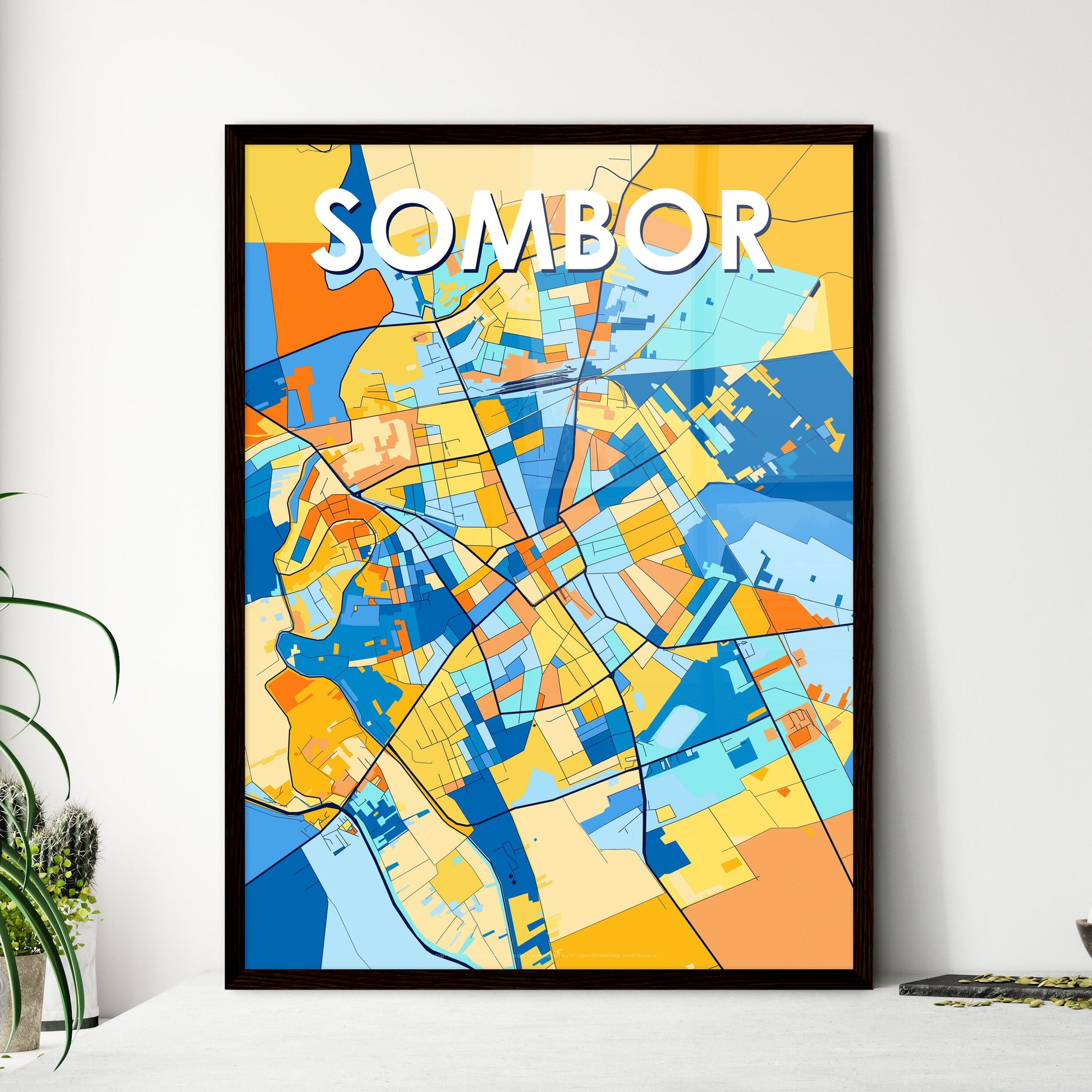 SOMBOR SERBIA Vibrant Colorful Art Map Poster Blue Orange