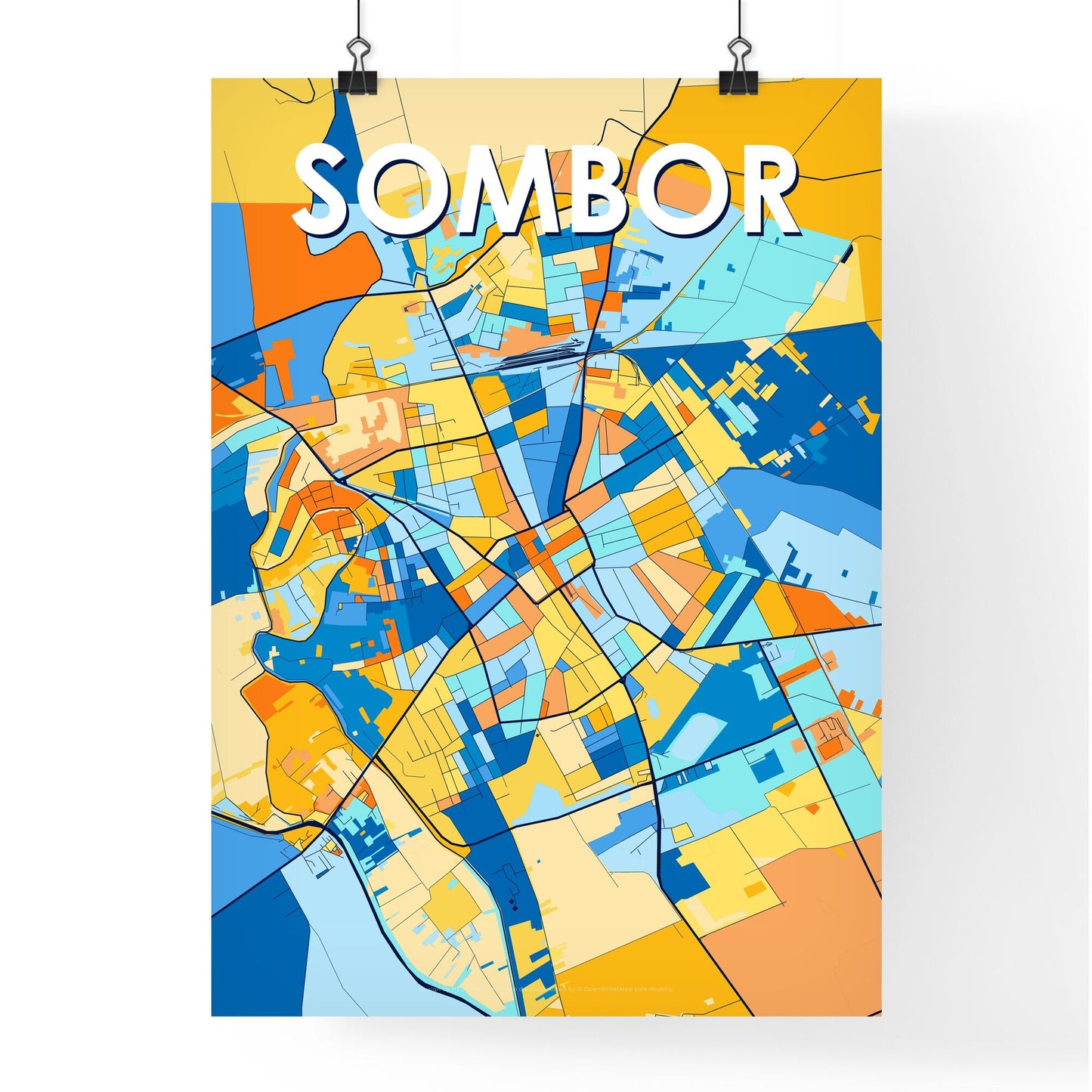 SOMBOR SERBIA Vibrant Colorful Art Map Poster Blue Orange