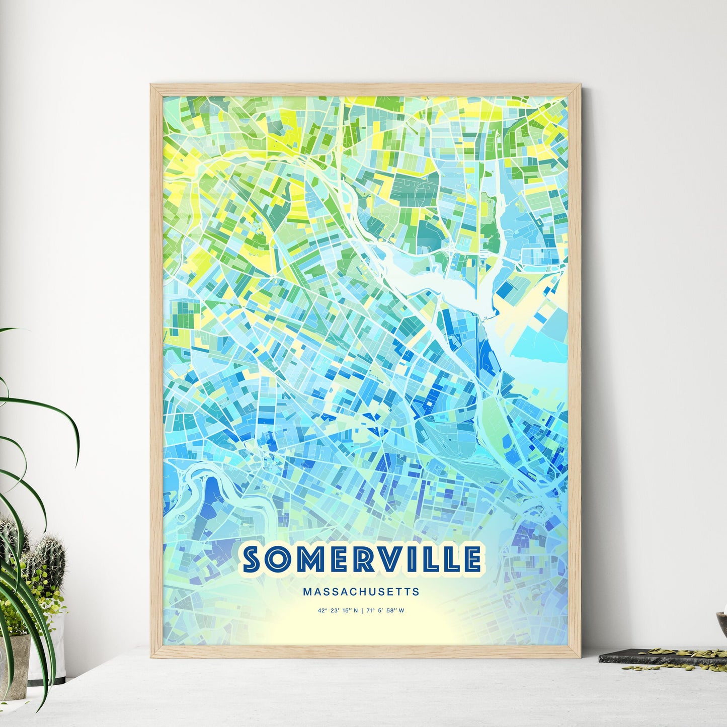 Colorful Somerville Massachusetts Fine Art Map Cool Blue