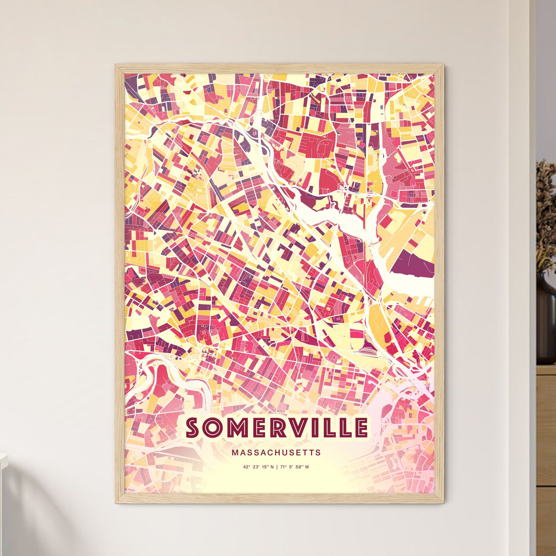 Colorful Somerville Massachusetts Fine Art Map Hot Red