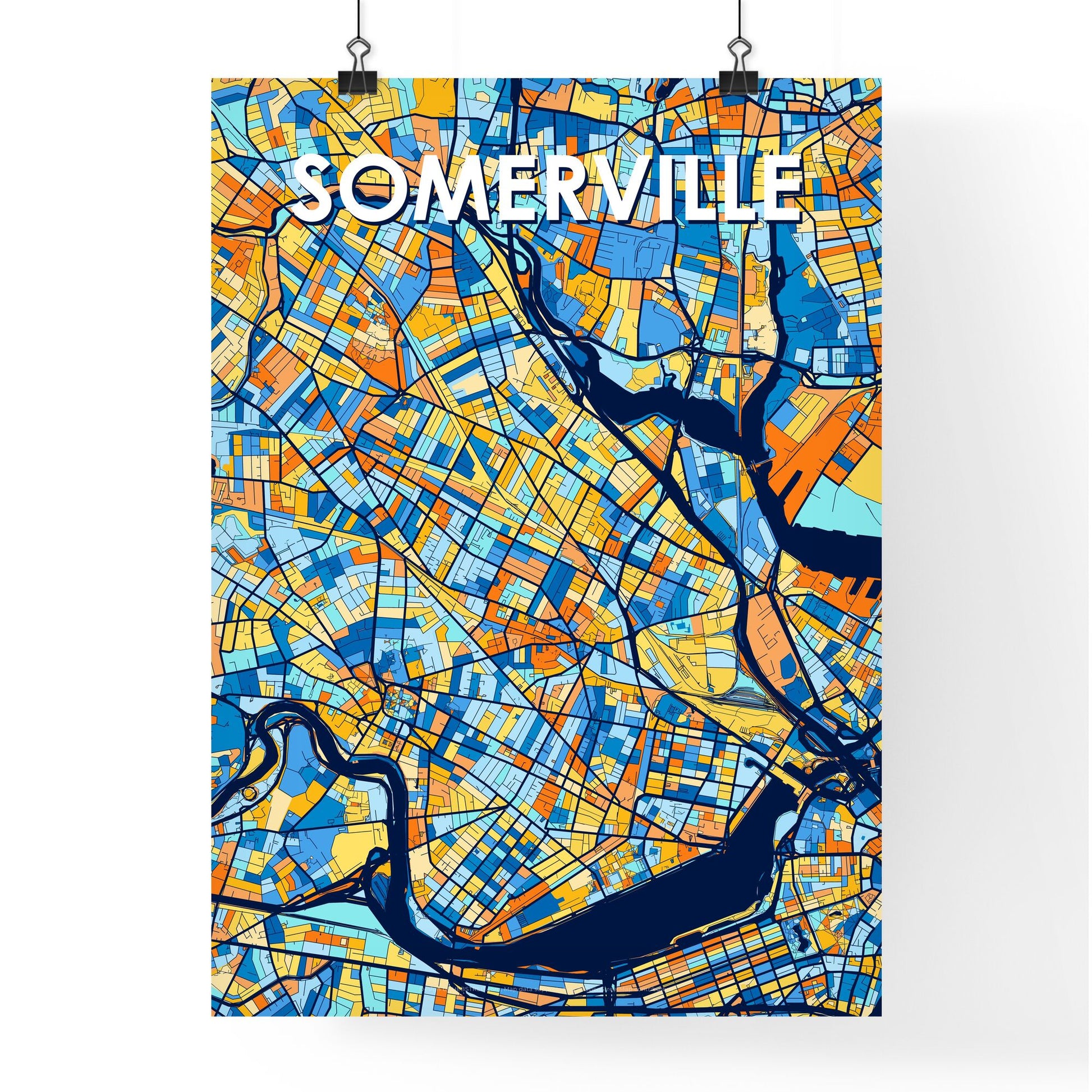 SOMERVILLE MASSACHUSETTS Vibrant Colorful Art Map Poster Blue Orange