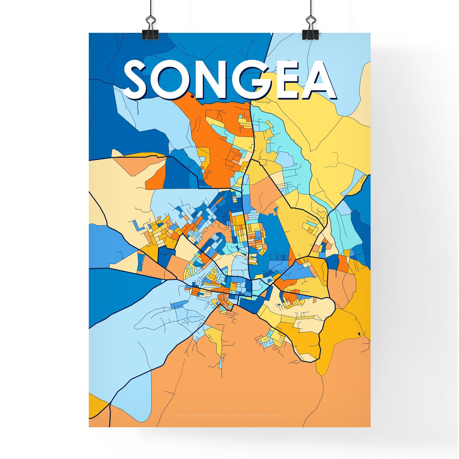 SONGEA TANZANIA Vibrant Colorful Art Map Poster Blue Orange