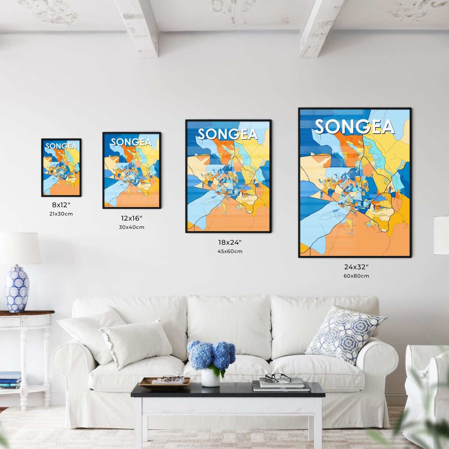 SONGEA TANZANIA Vibrant Colorful Art Map Poster Blue Orange