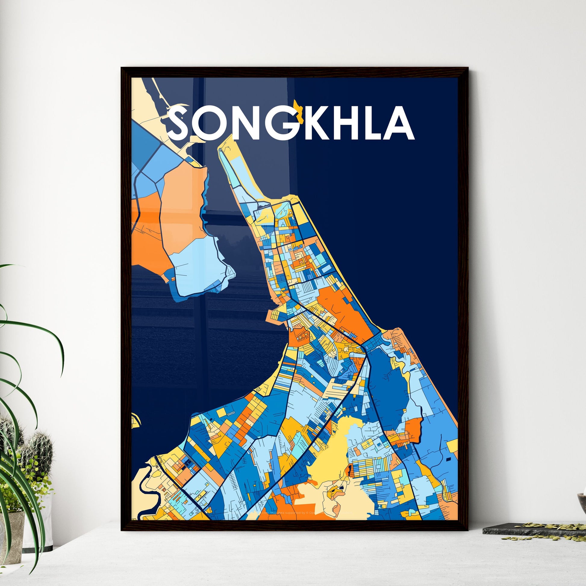 SONGKHLA THAILAND Vibrant Colorful Art Map Poster Blue Orange