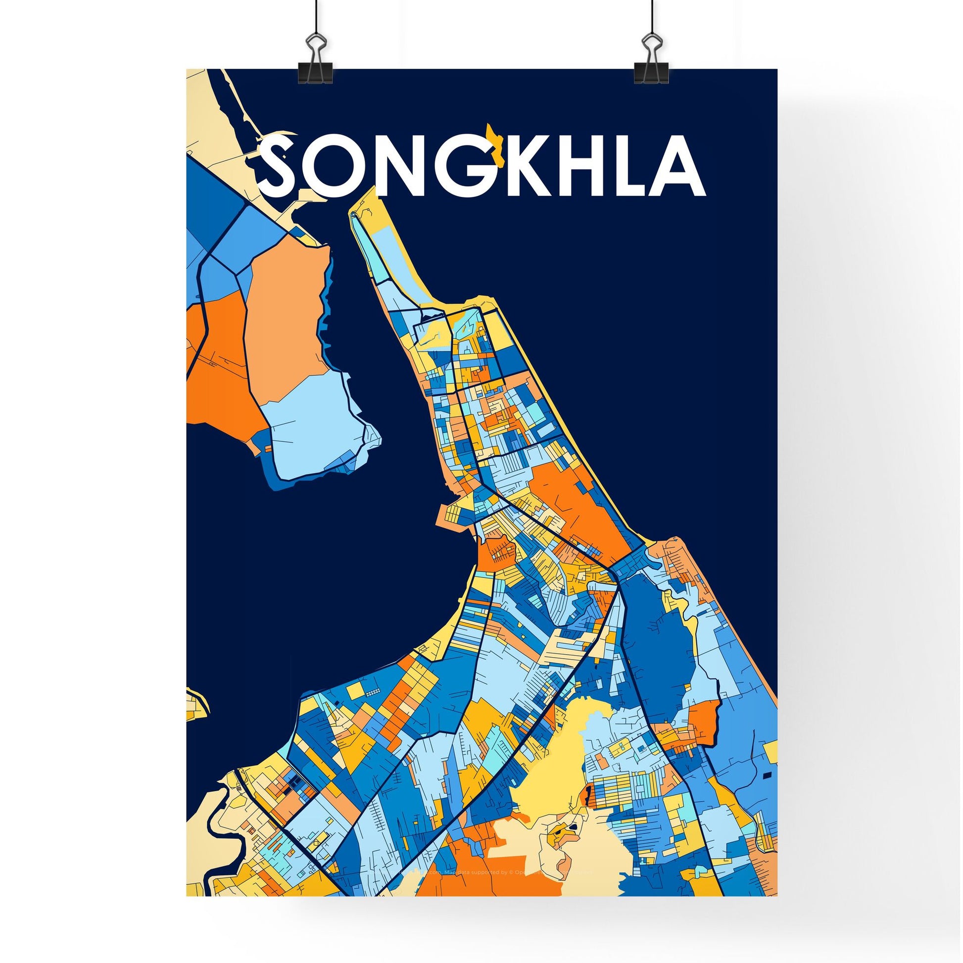 SONGKHLA THAILAND Vibrant Colorful Art Map Poster Blue Orange