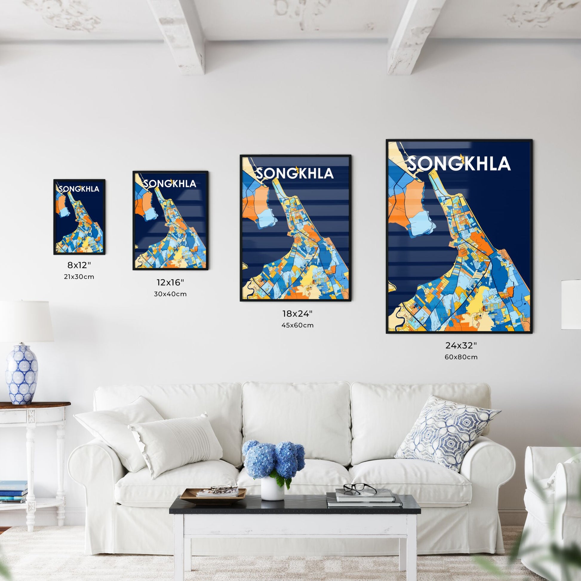 SONGKHLA THAILAND Vibrant Colorful Art Map Poster Blue Orange