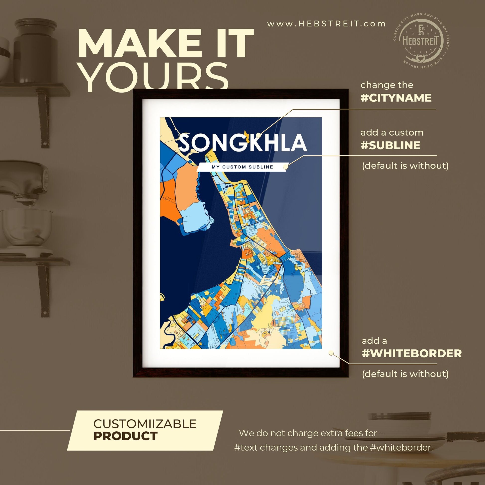 SONGKHLA THAILAND Vibrant Colorful Art Map Poster Blue Orange