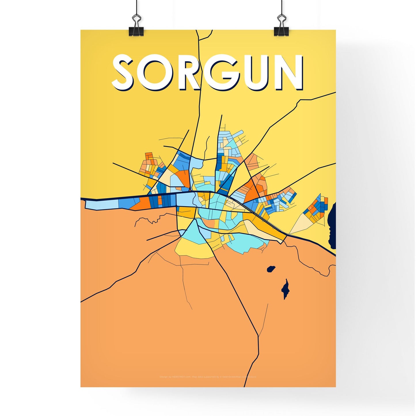 SORGUN TURKEY Vibrant Colorful Art Map Poster Blue Orange