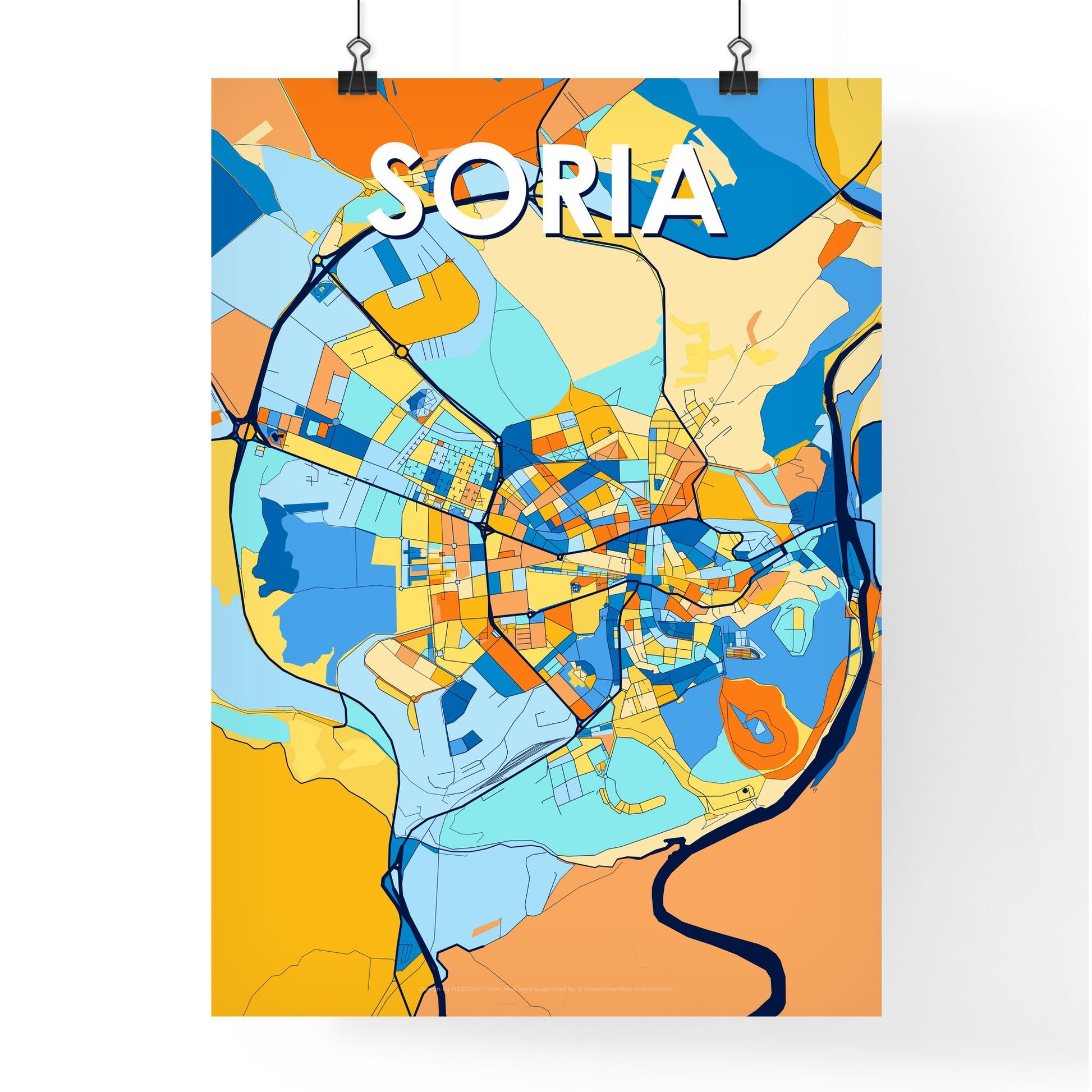 SORIA SPAIN Vibrant Colorful Art Map Poster Blue Orange