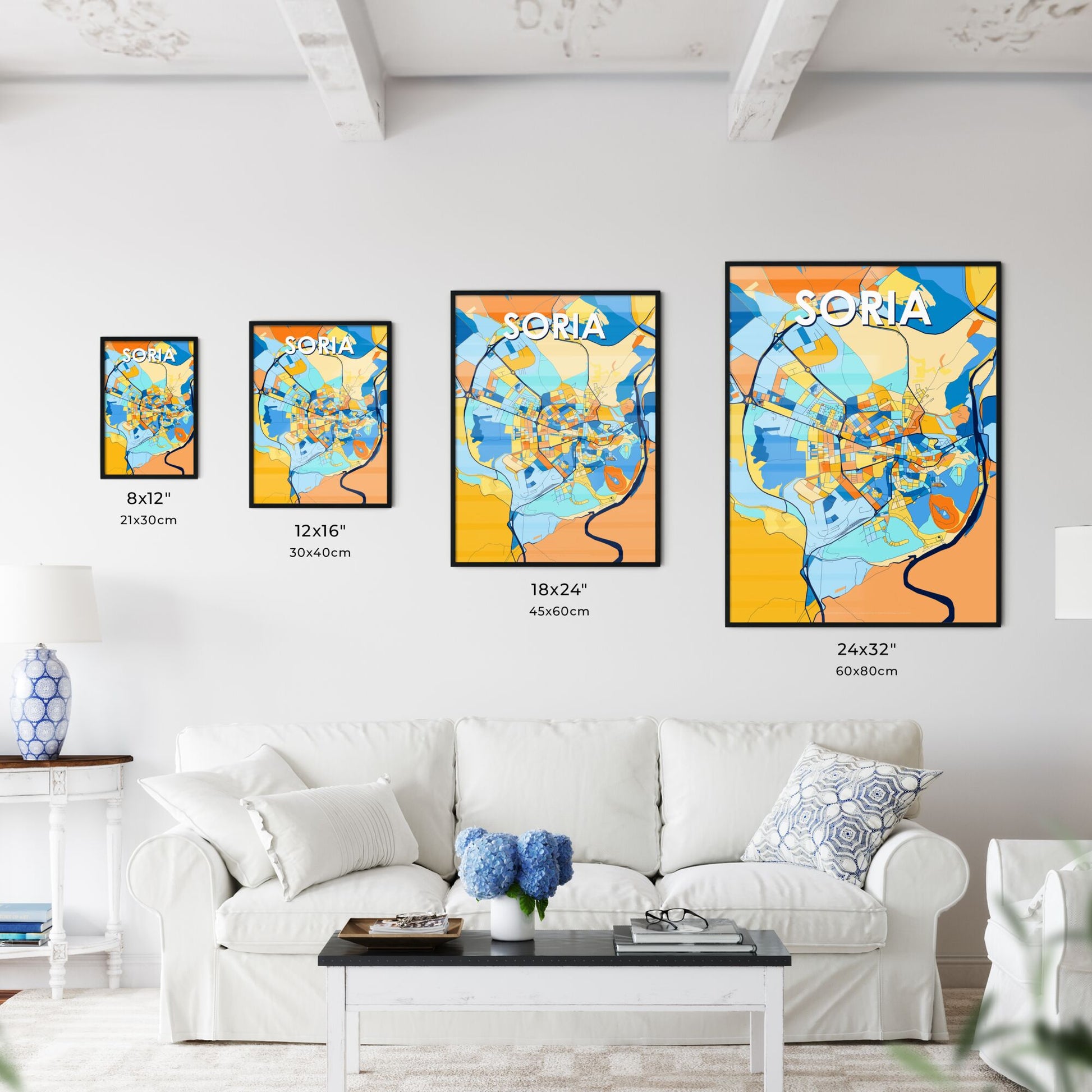 SORIA SPAIN Vibrant Colorful Art Map Poster Blue Orange