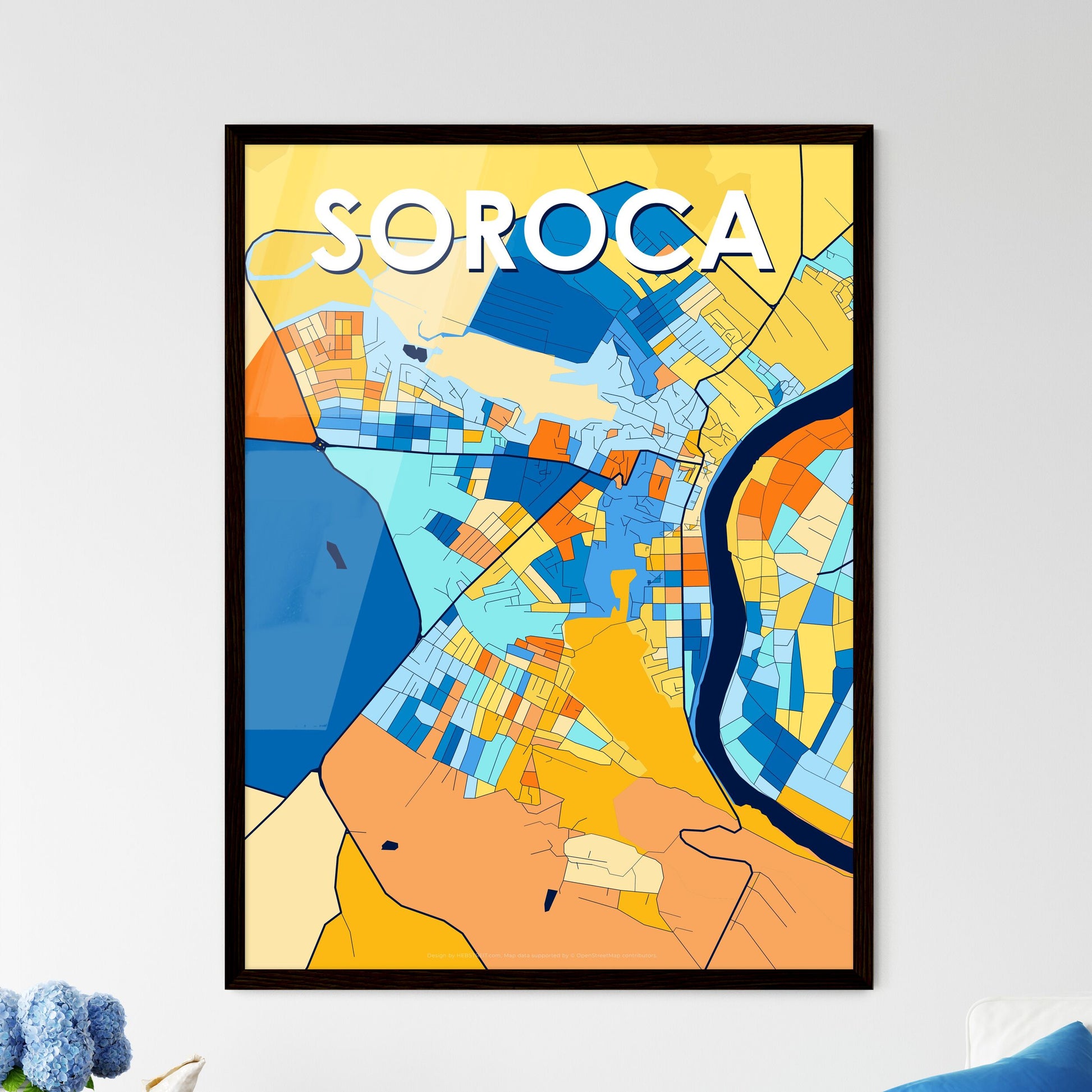 SOROCA MOLDOVA Vibrant Colorful Art Map Poster Blue Orange