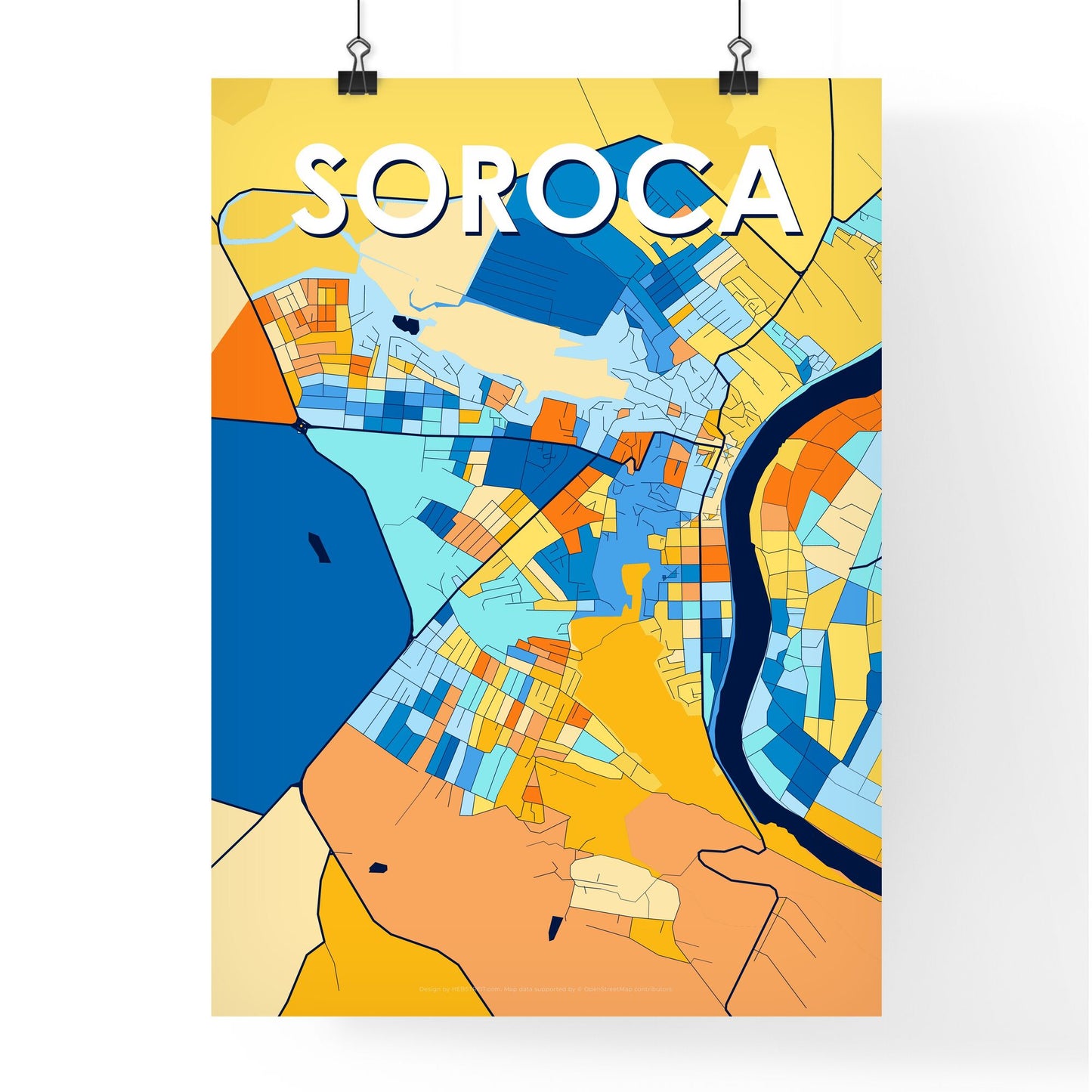 SOROCA MOLDOVA Vibrant Colorful Art Map Poster Blue Orange