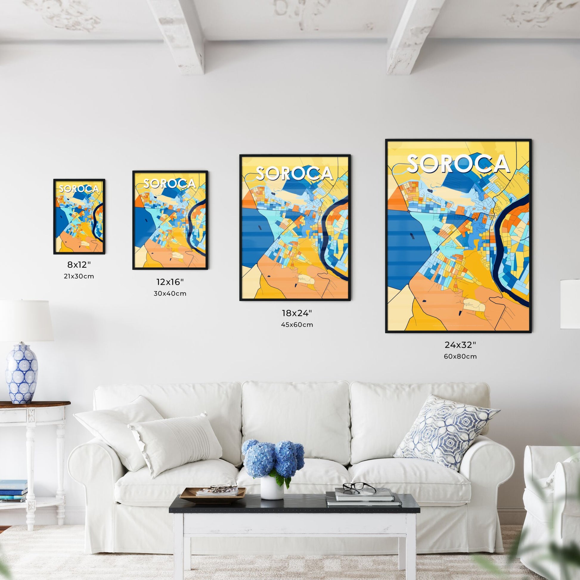 SOROCA MOLDOVA Vibrant Colorful Art Map Poster Blue Orange