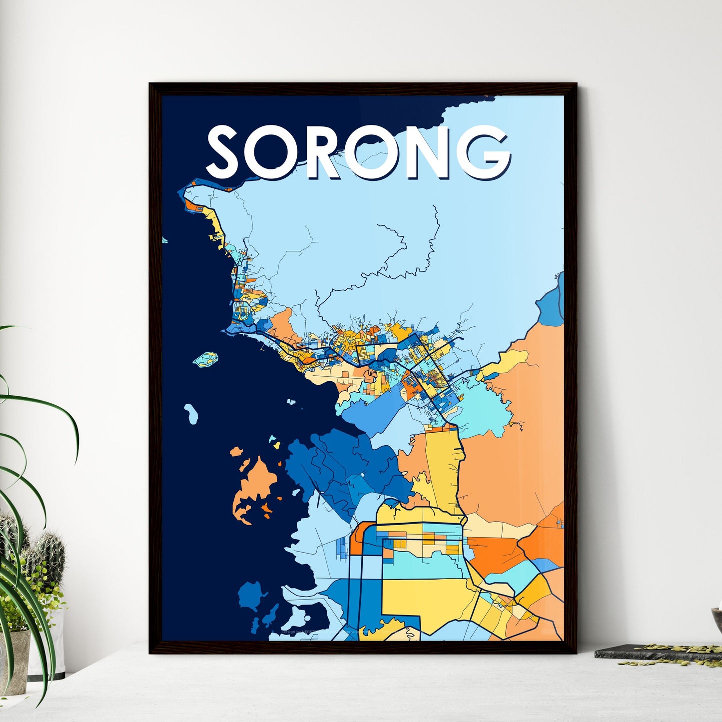 SORONG INDONESIA Vibrant Colorful Art Map Poster Blue Orange