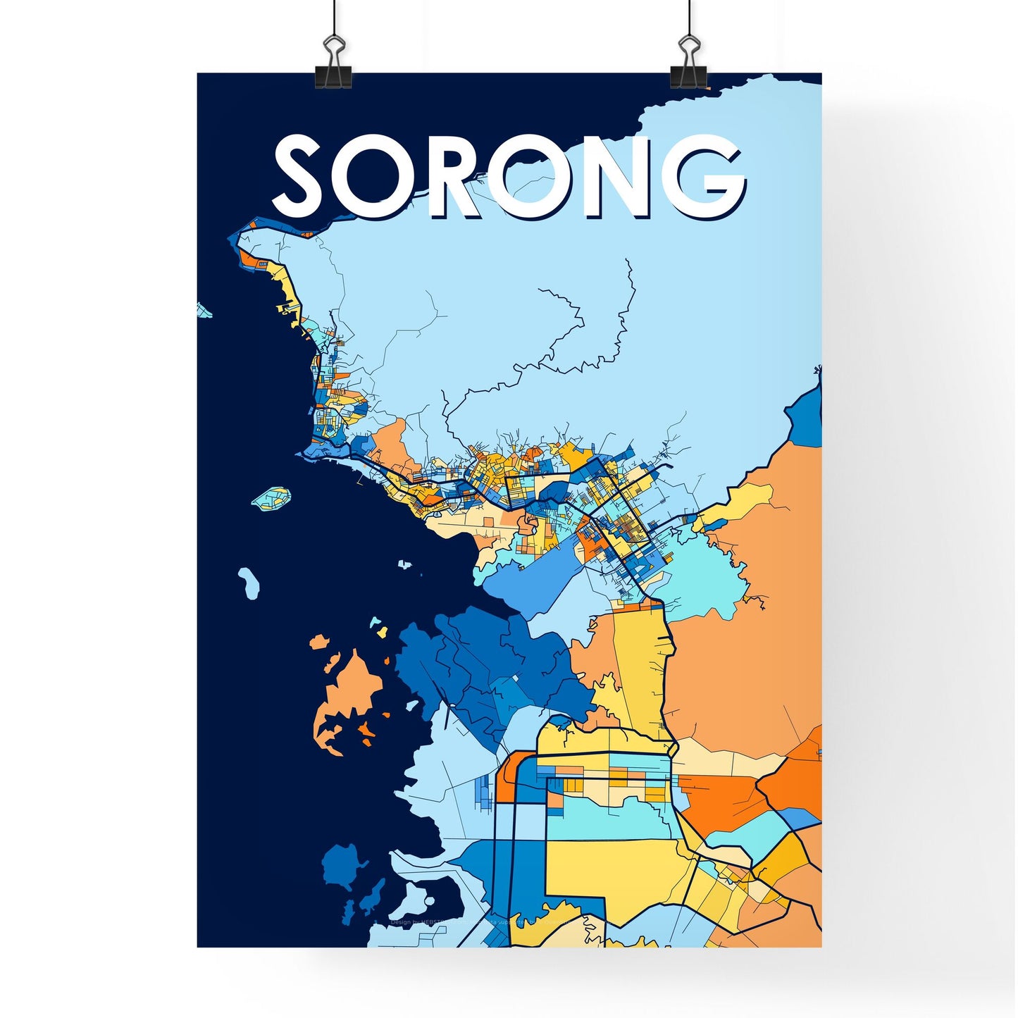 SORONG INDONESIA Vibrant Colorful Art Map Poster Blue Orange