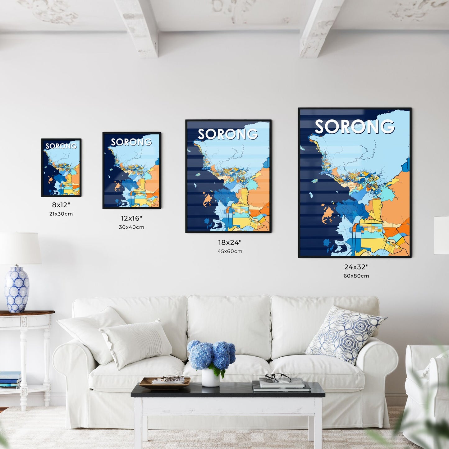 SORONG INDONESIA Vibrant Colorful Art Map Poster Blue Orange