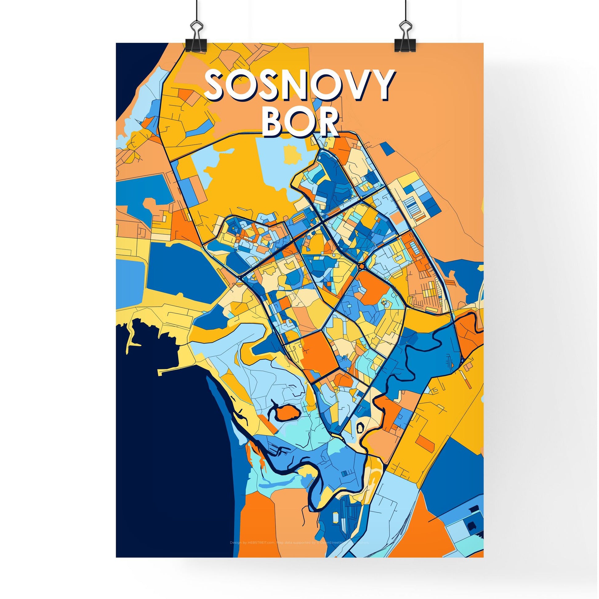 SOSNOVY BOR RUSSIA Vibrant Colorful Art Map Poster Blue Orange