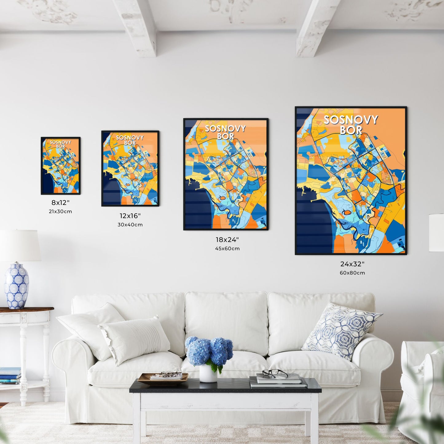 SOSNOVY BOR RUSSIA Vibrant Colorful Art Map Poster Blue Orange