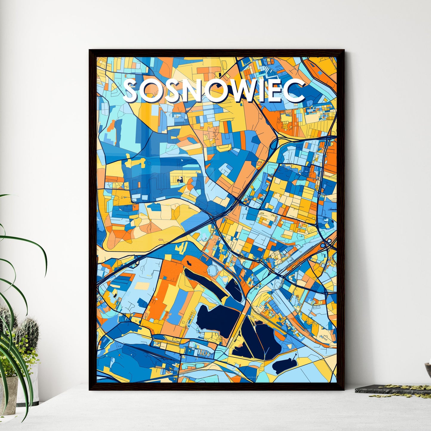 SOSNOWIEC POLAND Vibrant Colorful Art Map Poster Blue Orange