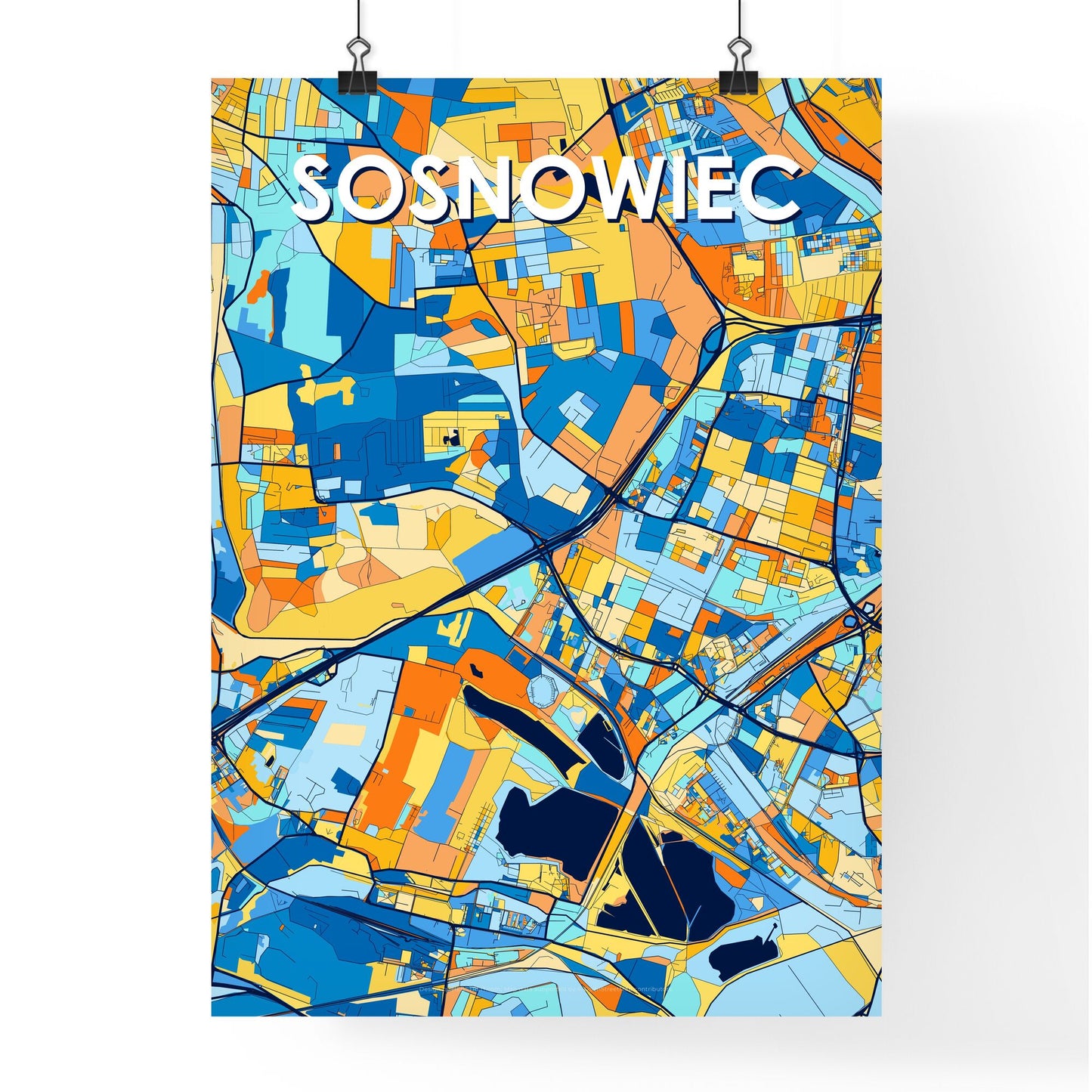 SOSNOWIEC POLAND Vibrant Colorful Art Map Poster Blue Orange