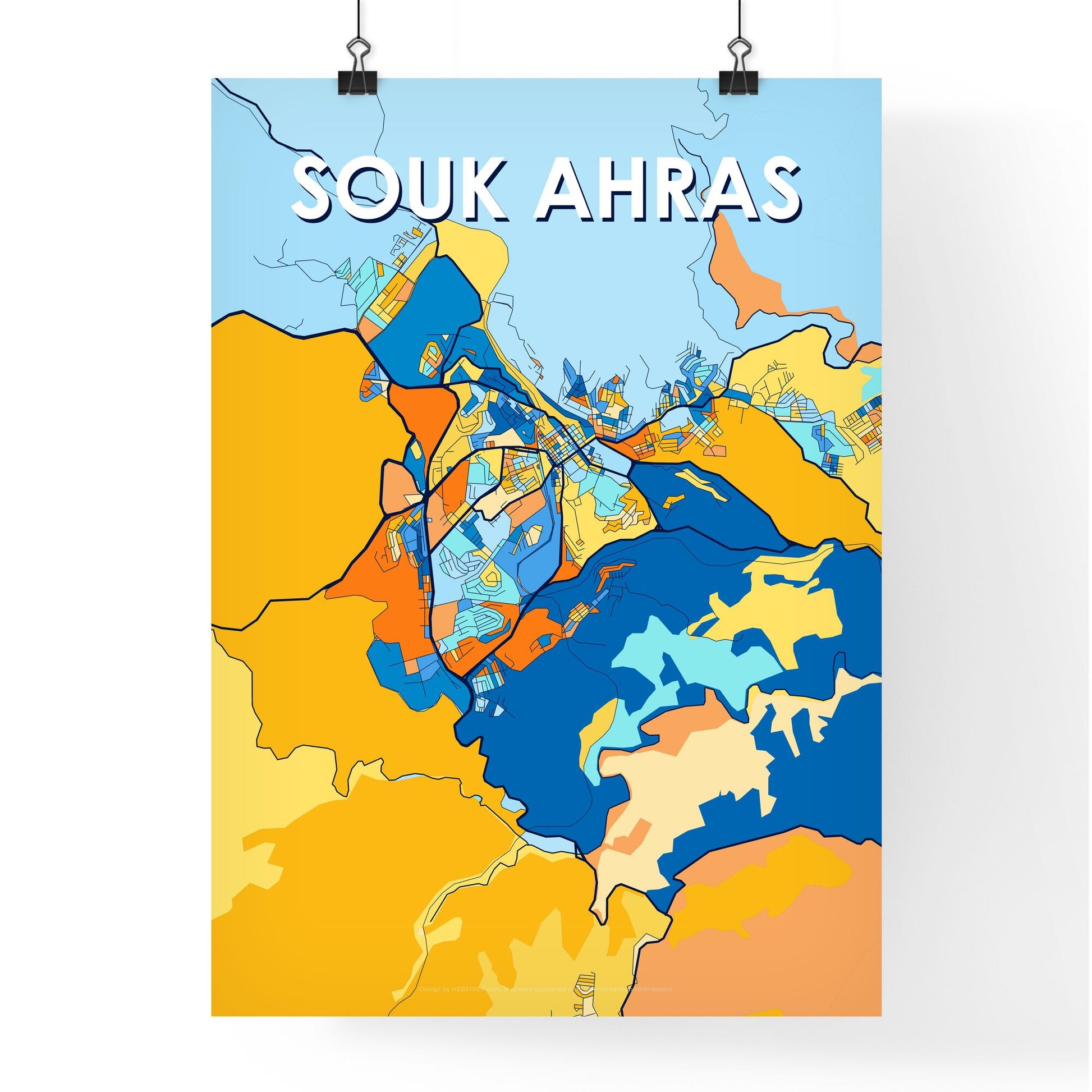 SOUK AHRAS ALGERIA Vibrant Colorful Art Map Poster Blue Orange