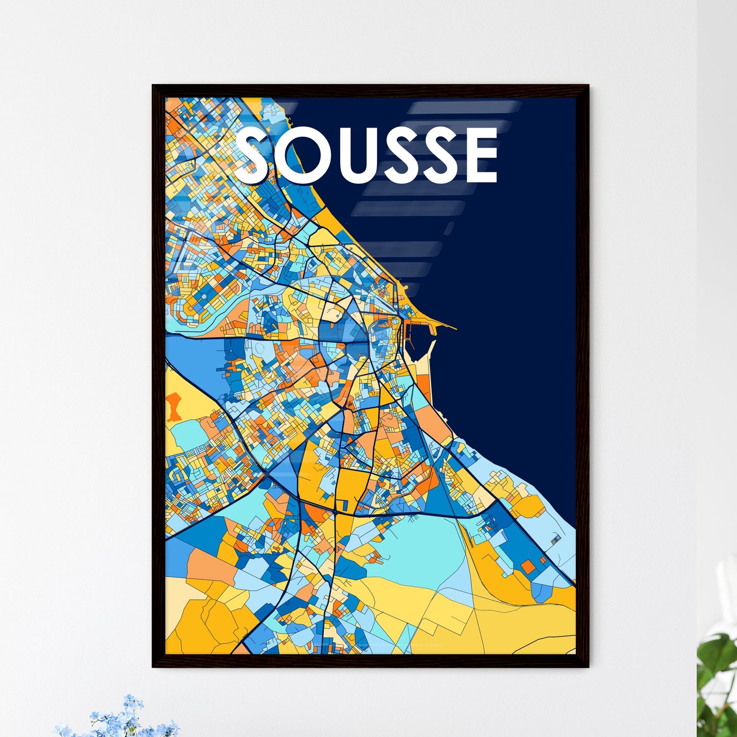 SOUSSE TUNISIA Vibrant Colorful Art Map Poster Blue Orange