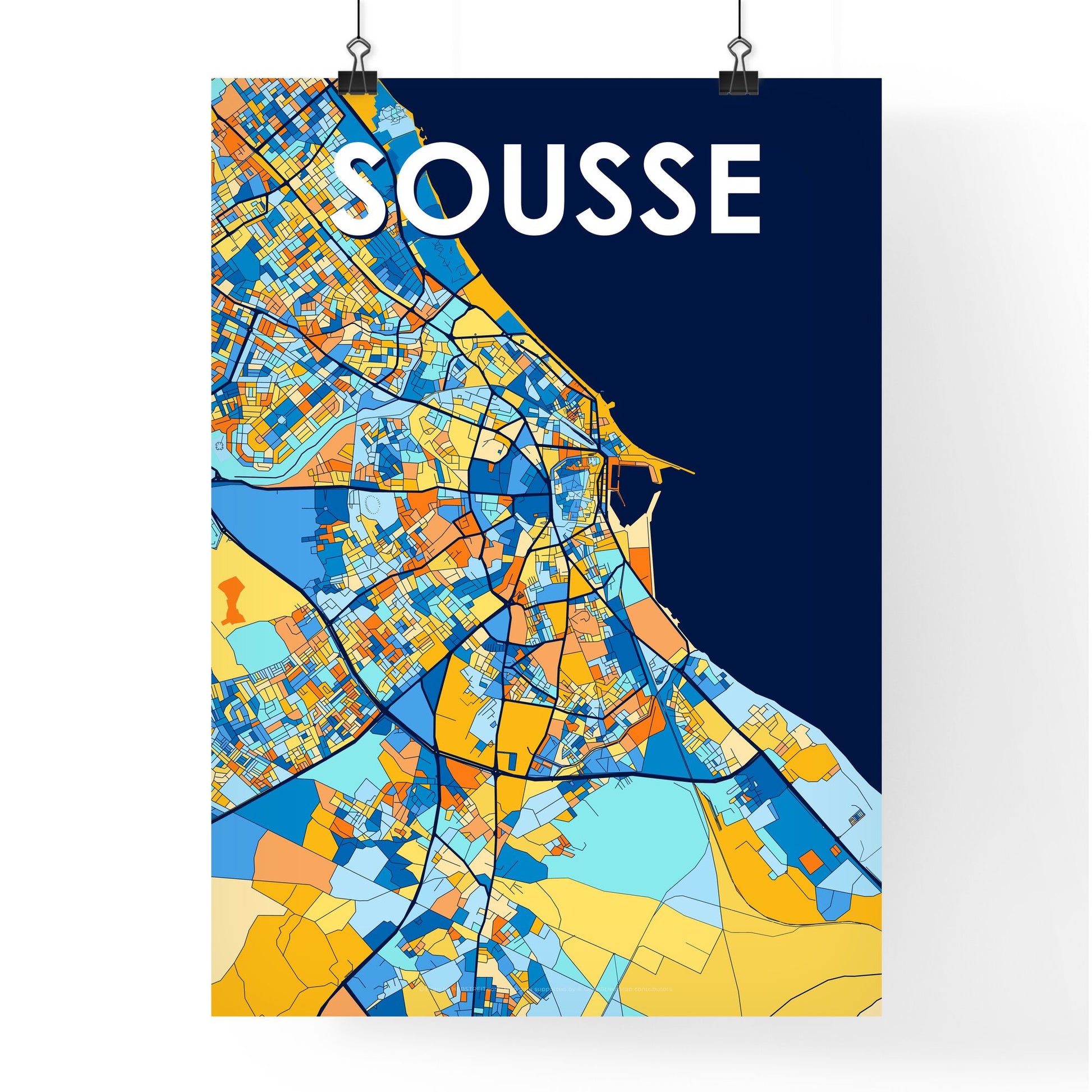 SOUSSE TUNISIA Vibrant Colorful Art Map Poster Blue Orange