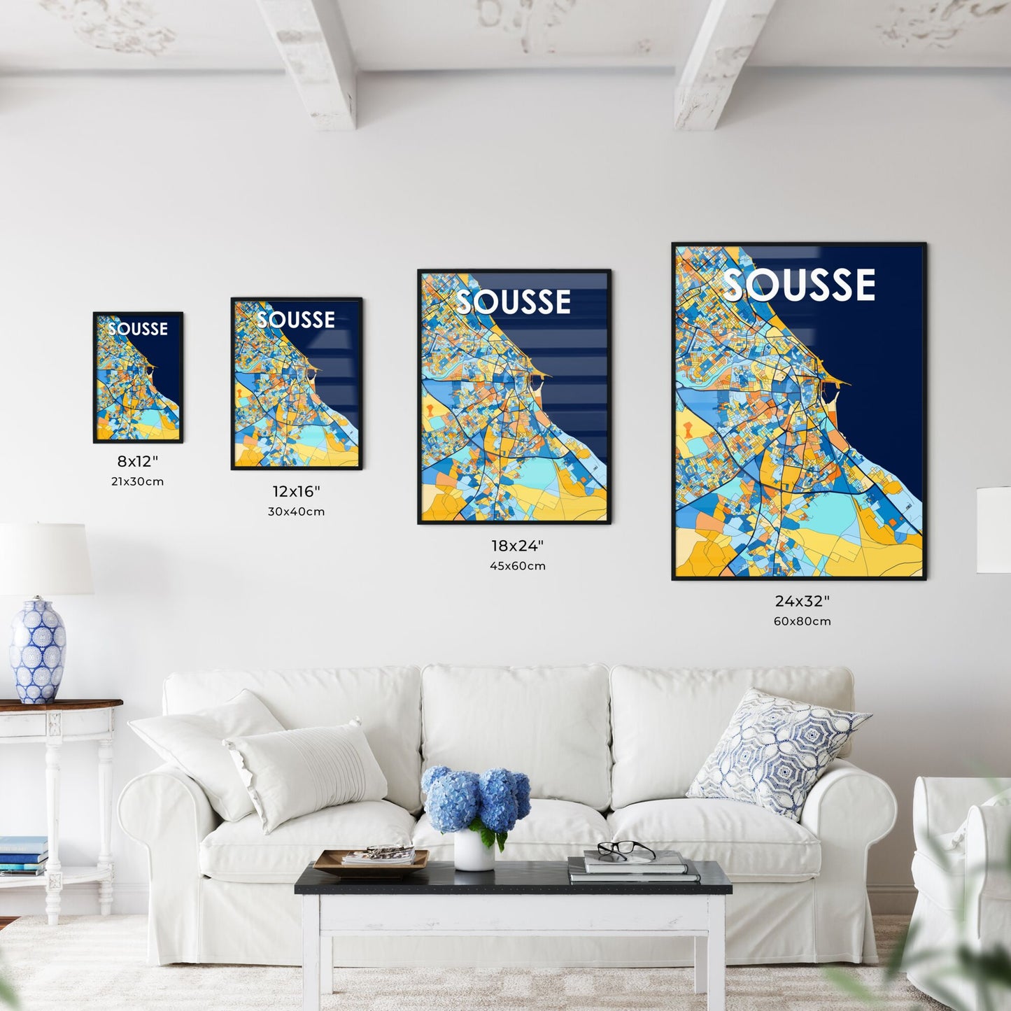 SOUSSE TUNISIA Vibrant Colorful Art Map Poster Blue Orange