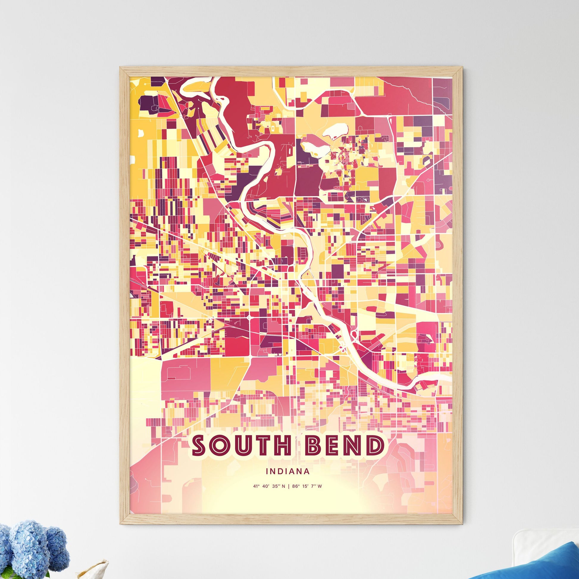 Colorful South Bend Indiana Fine Art Map Hot Red